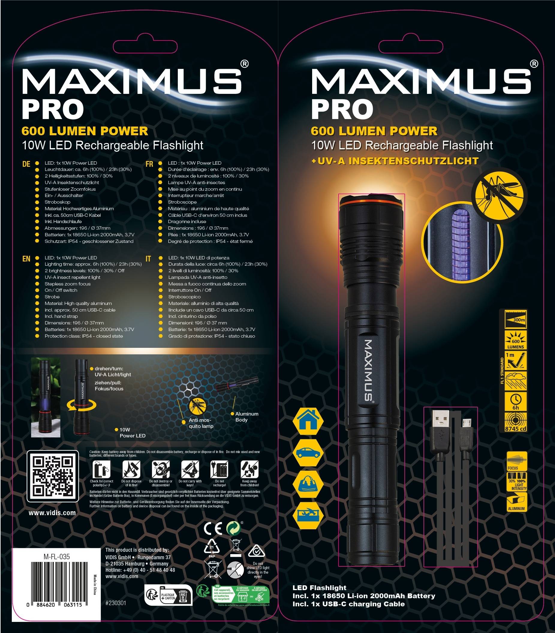 Maximus - Lampe torche rechargeable antimoustiques Maximus M-FL-035 - 600lm - Image 1