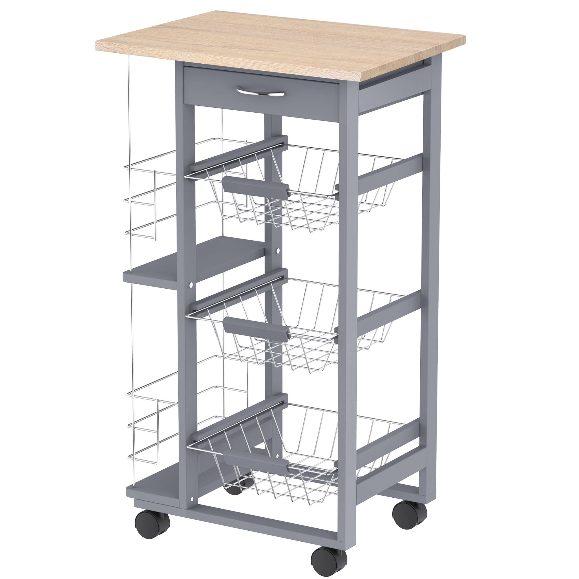 Sans Marque - Chariot cuisine roulettes 3 paniers métalliques tiroir 2 étagères épices 47x37x83 cm gris - Image 1
