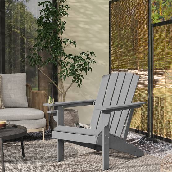 Chaise Adirondack avec porte-gobelet, en plastique, pour jardin et balcon, grise - Image 2
