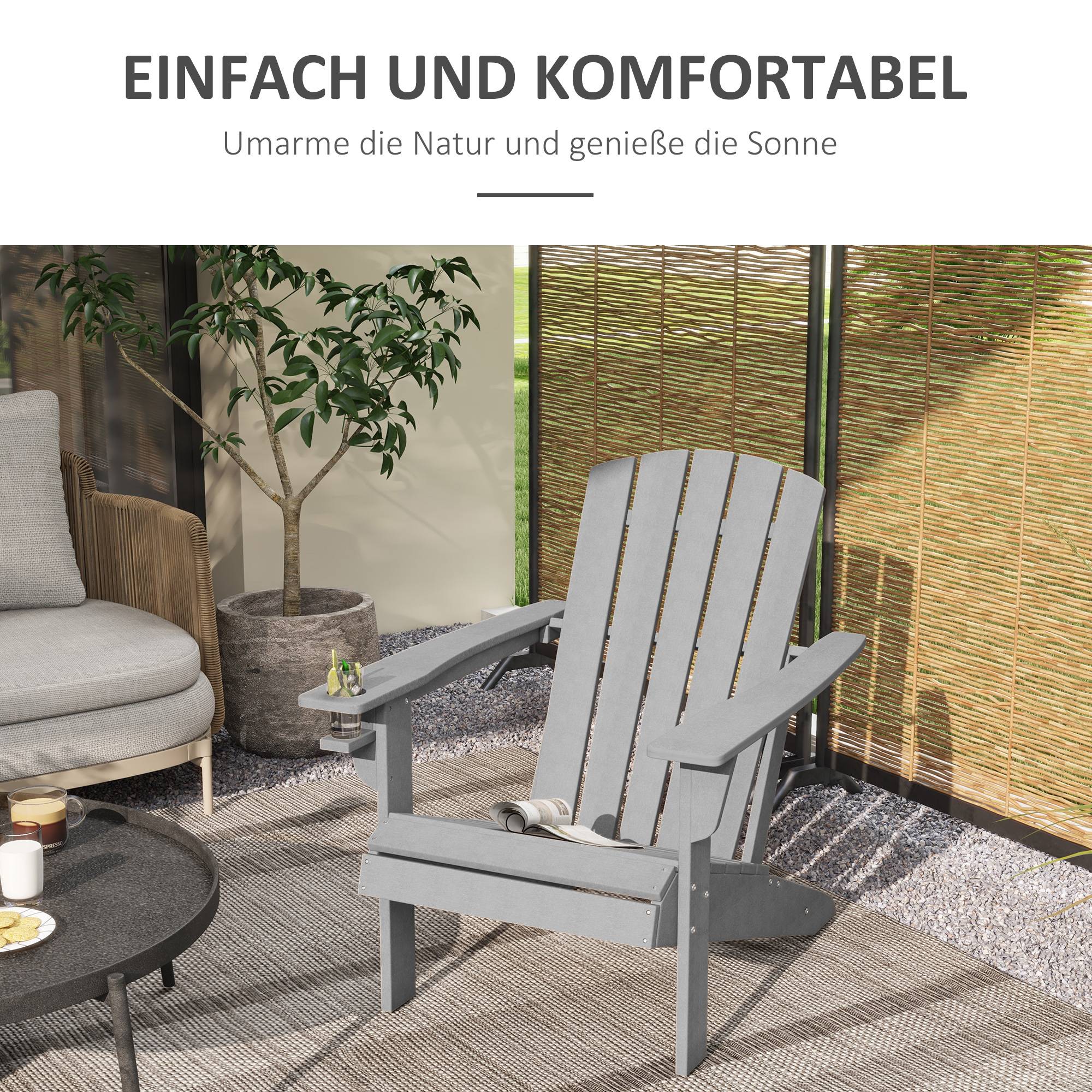 Chaise Adirondack avec porte-gobelet, en plastique, pour jardin et balcon, grise - Image 4