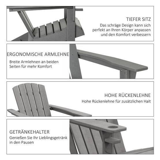 Chaise Adirondack avec porte-gobelet, en plastique, pour jardin et balcon, grise - Image 5