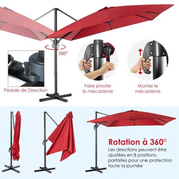 Helloshop26 - Parasol déporté inclinable 3x3 m avec base croisée rotation à 360° manivelle 8 baleines event pour jardin terrasse vin-rouge - Image 4