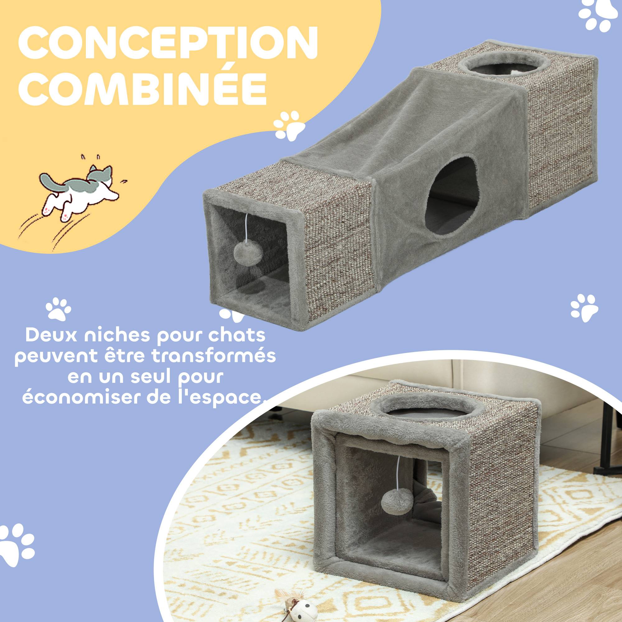 Tunnel pour chat intérieur jouets pour chats avec balle suspendue entrées multiples en sisal 98 x 30 x 30 cm gris - Image 6
