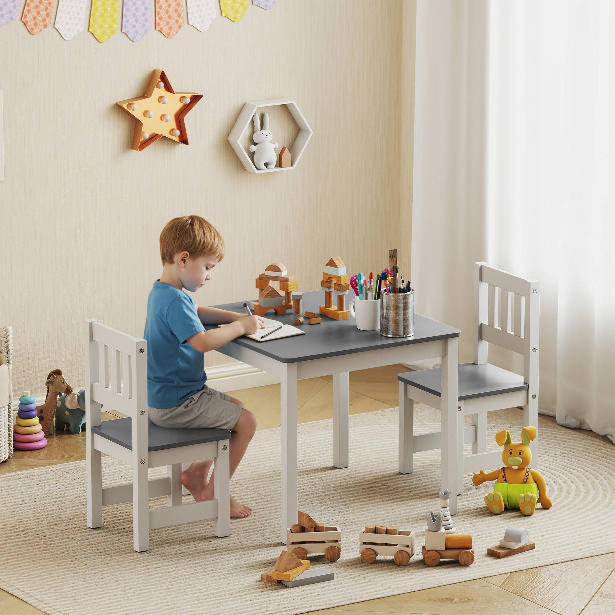 Ensemble table et chaises enfant 3-8 ans 3 pièces bois bords arrondis, gris et blanc - Image 3