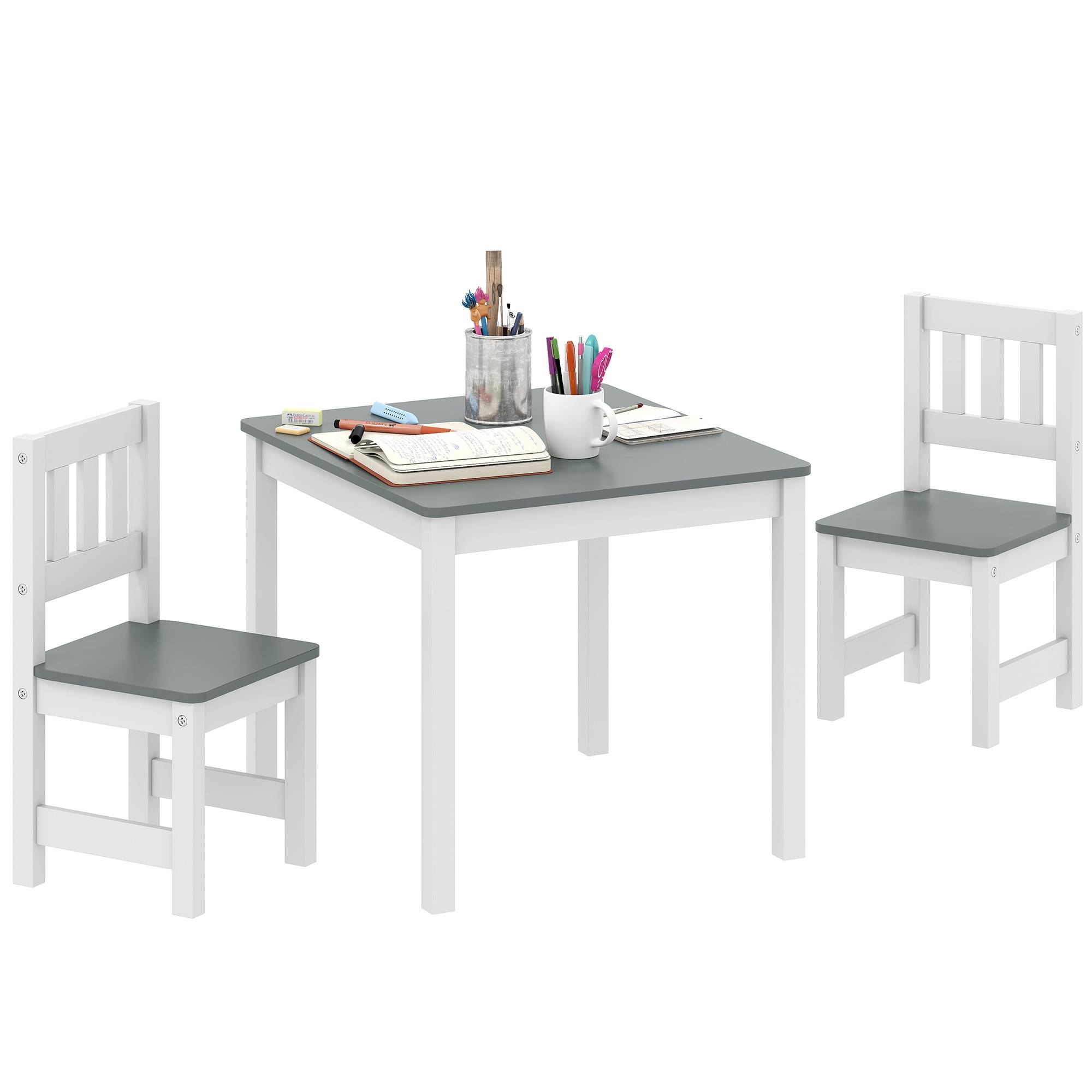 Ensemble table et chaises enfant 3-8 ans 3 pièces bois bords arrondis, gris et blanc - Image 1