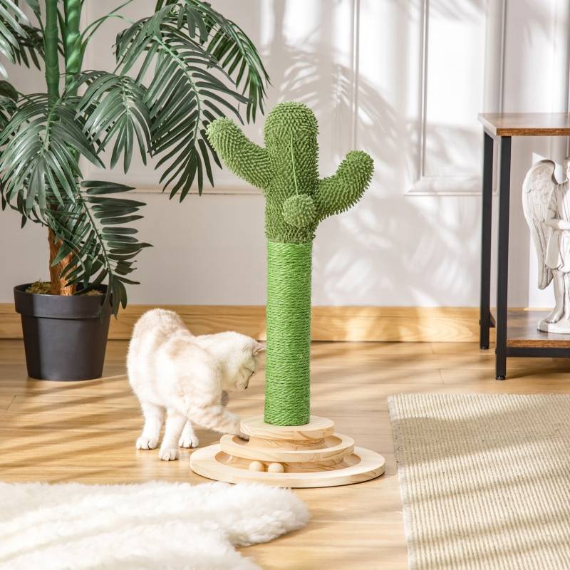 Arbre à chat intérieur forme cactus 32 x 32 x 60 cm bois de pin sisal et peluche vert et naturel - PANGIVO - Image 7
