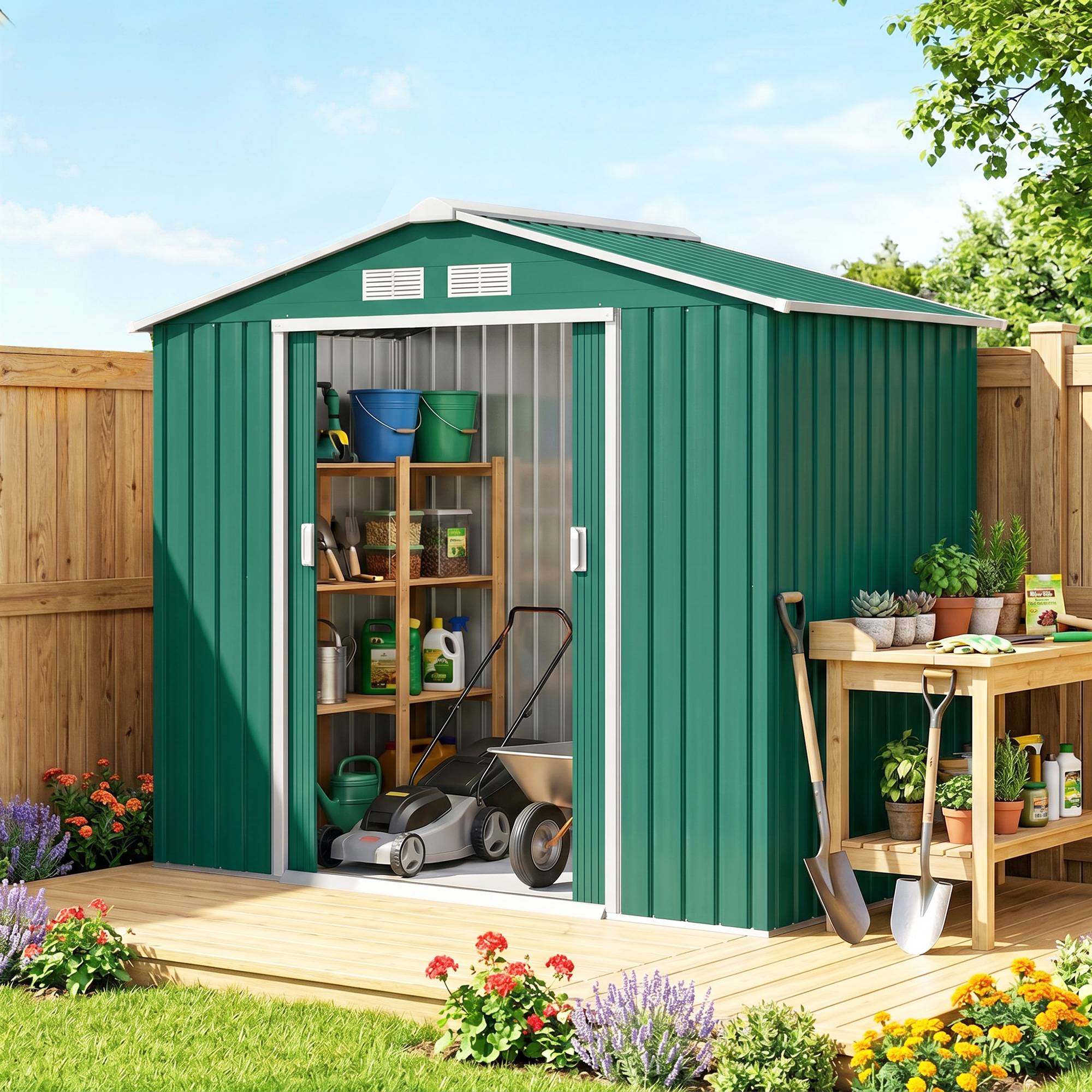Abri de jardin 213 x 130 x 185 cm, abri extérieur en métal pour le rangement des outils, vert foncé - Image 3