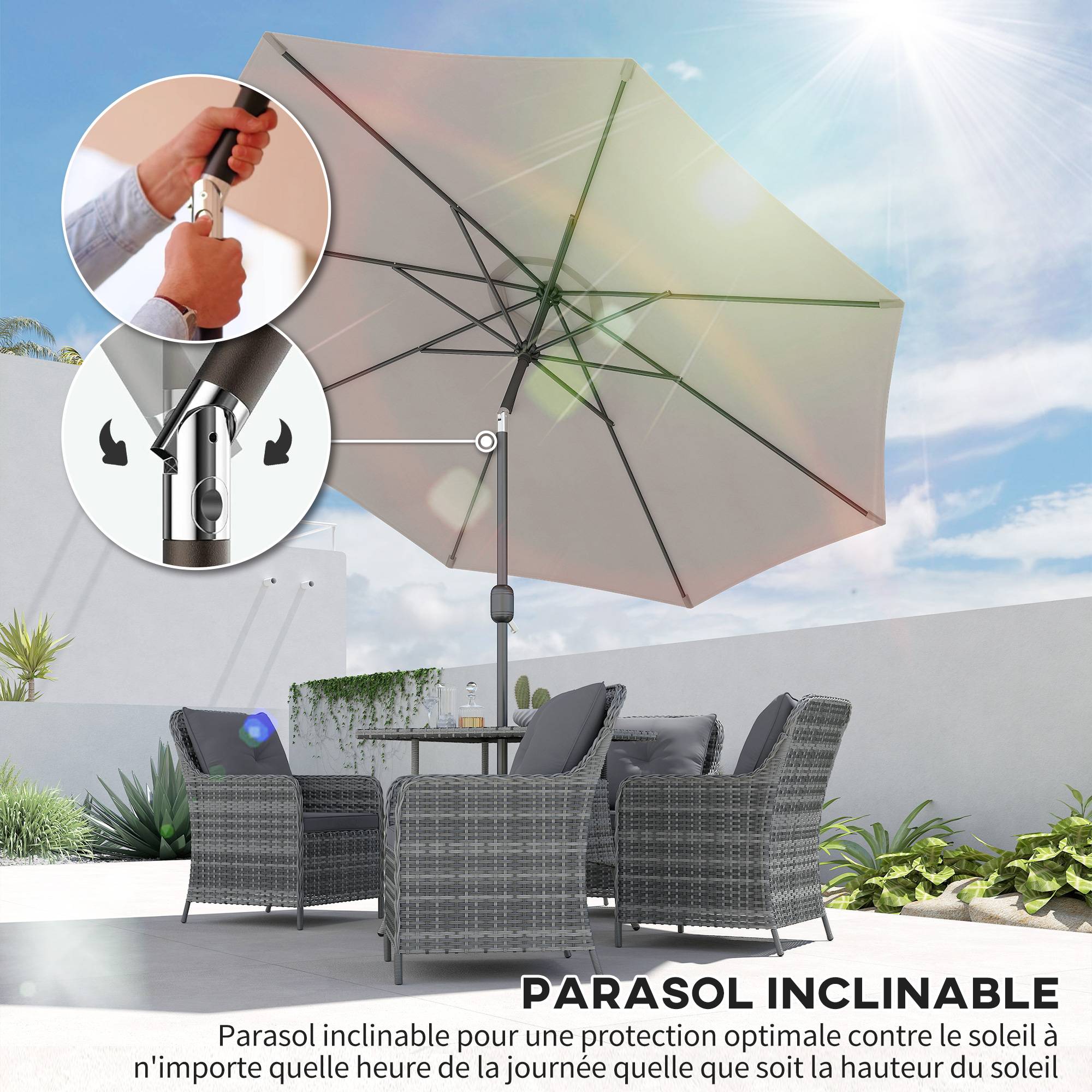 Parasol de jardin extérieur Parasol droit inclinable Ø 3 m - Polyester 180g/m² Gris clair fr152 - Image 6