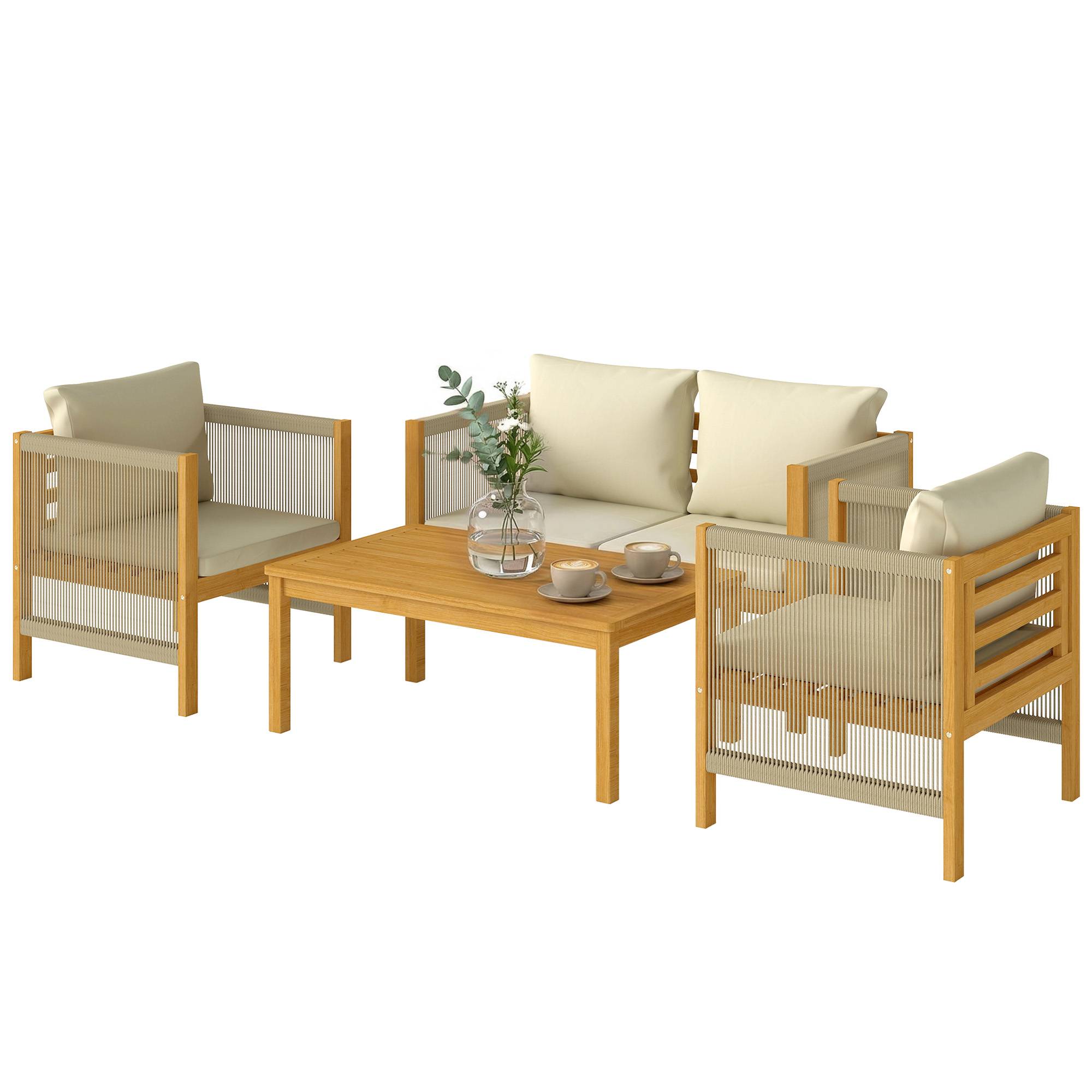 Maison Chic - Salon de Jardin Ensemble de Mobilier 4 Pièces en Bois d'Acacia Coussins Déhoussables et Corde Tressée Naturel - Image 1