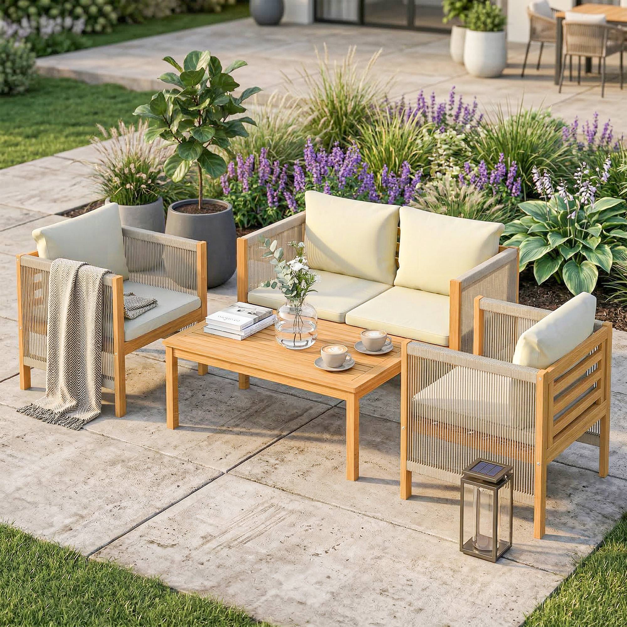 Maison Chic - Salon de Jardin Ensemble de Mobilier 4 Pièces en Bois d'Acacia Coussins Déhoussables et Corde Tressée Naturel - Image 4