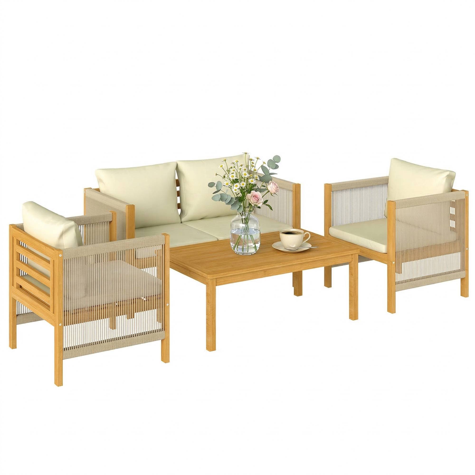 Maison Chic - Salon de Jardin Ensemble de Mobilier 4 Pièces en Bois d'Acacia Coussins Déhoussables et Corde Tressée Naturel - Image 3