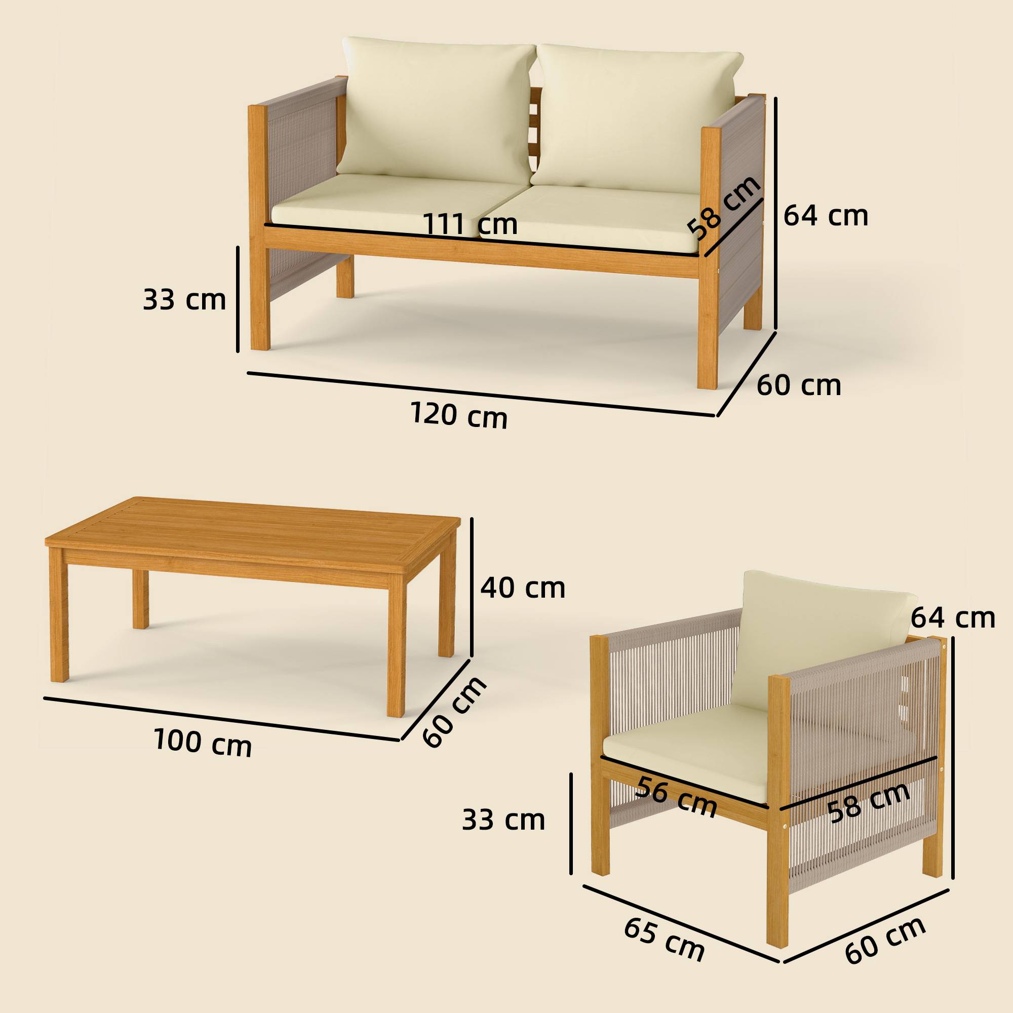 Maison Chic - Salon de Jardin Ensemble de Mobilier 4 Pièces en Bois d'Acacia Coussins Déhoussables et Corde Tressée Naturel - Image 5