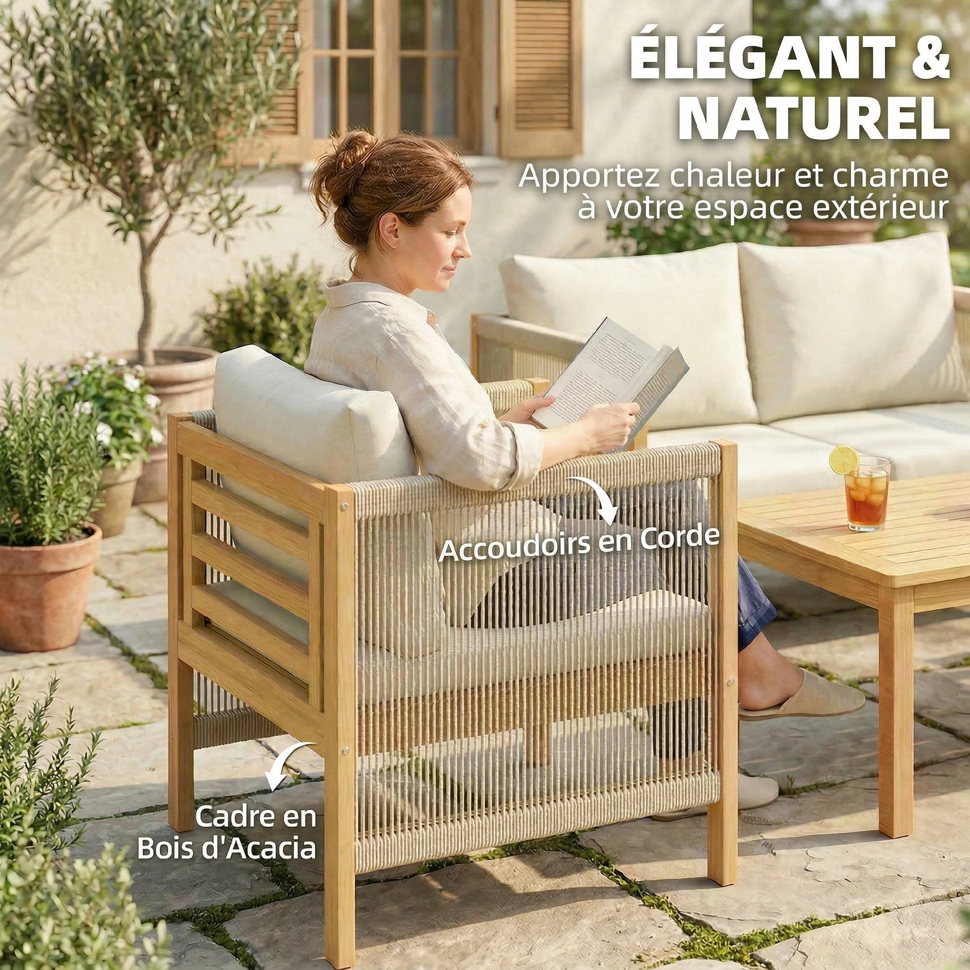 Maison Chic - Salon de Jardin Ensemble de Mobilier 4 Pièces en Bois d'Acacia Coussins Déhoussables et Corde Tressée Naturel - Image 7