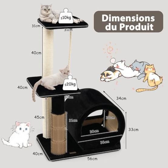 92cm arbre à chat 3 niveaux avec poteaux en sisal et poteau eva tour à chat en peluche avec condo et corde suspendue noir - Image 2