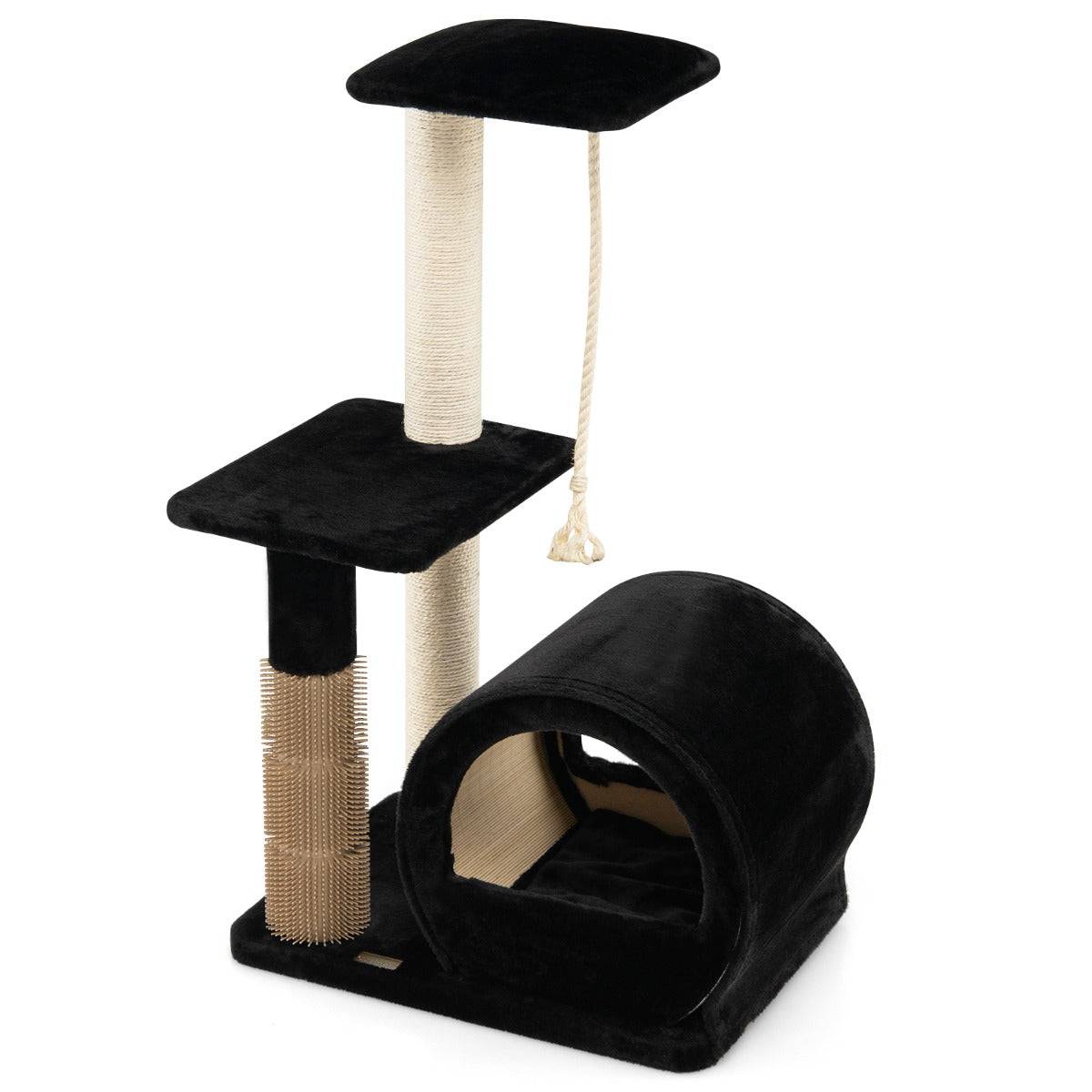 92cm arbre à chat 3 niveaux avec poteaux en sisal et poteau eva tour à chat en peluche avec condo et corde suspendue noir - Image 1
