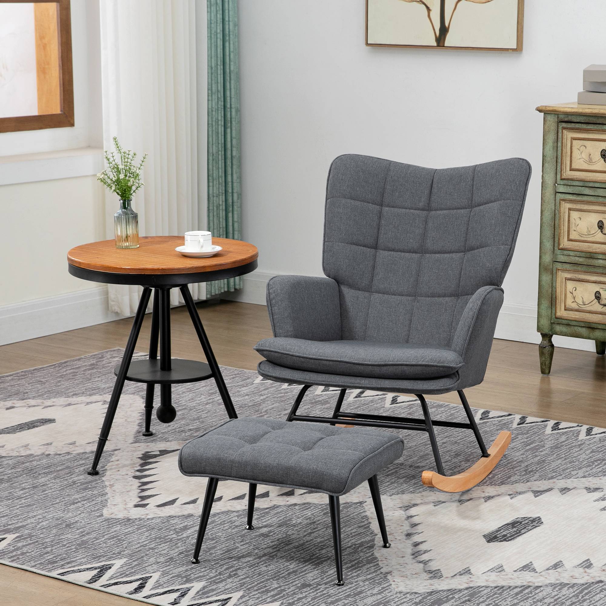 Fauteuil à bascule avec repose-pieds, rocking chair, assise large, dossier haut, coussin inclus, 64 x 89 x 90 cm, gris - Image 3