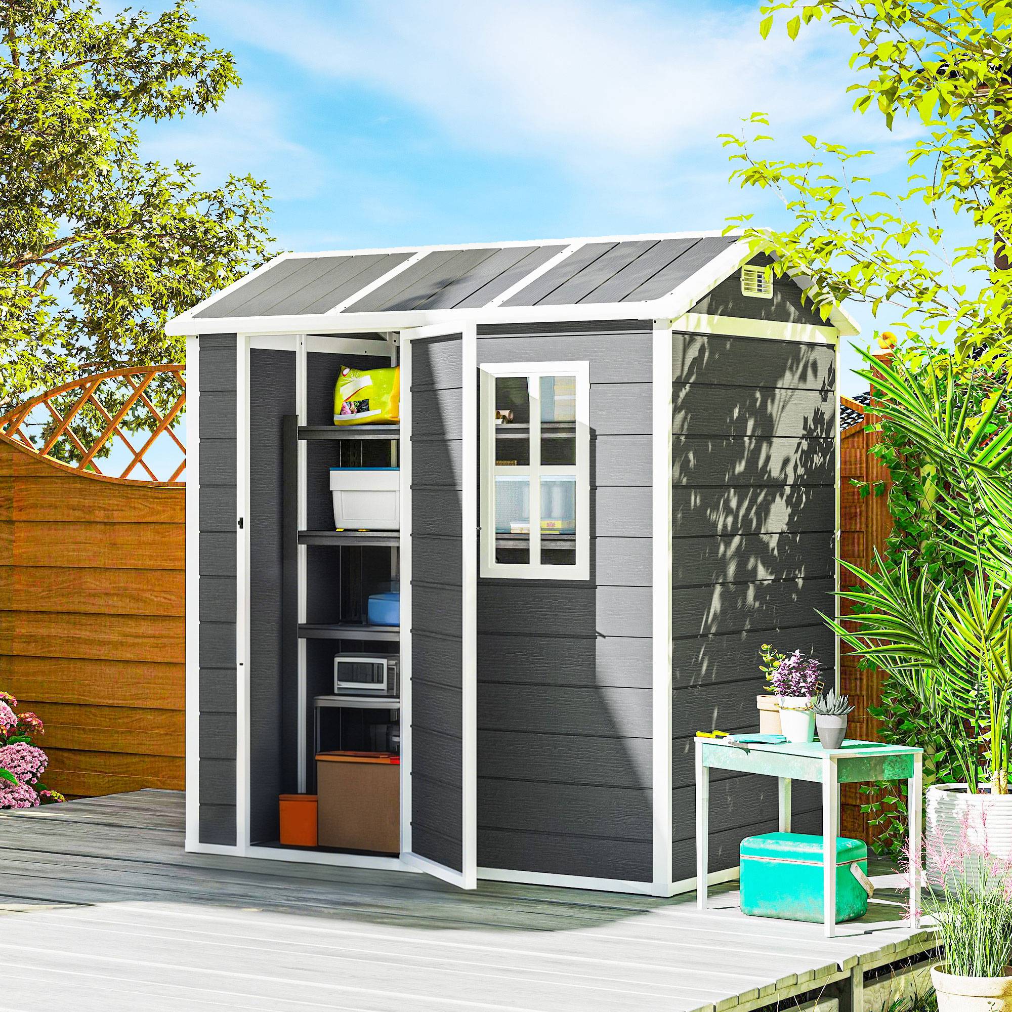 Abri de jardin résine plastique avec plancher fenêtre porte verrouillable rangement extérieur gris - Image 3
