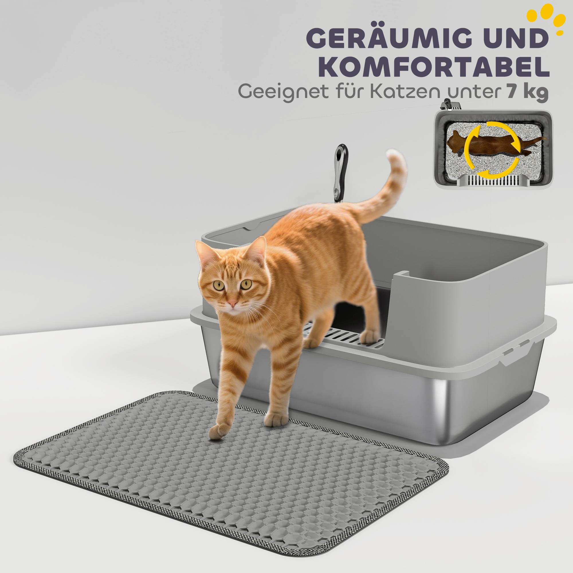 Sans Marque - Litière inox ouverte, pelle, bord haut, tapis, pour chat -7kg, 60,2x40,2x29,5cm, Gris - Image 9