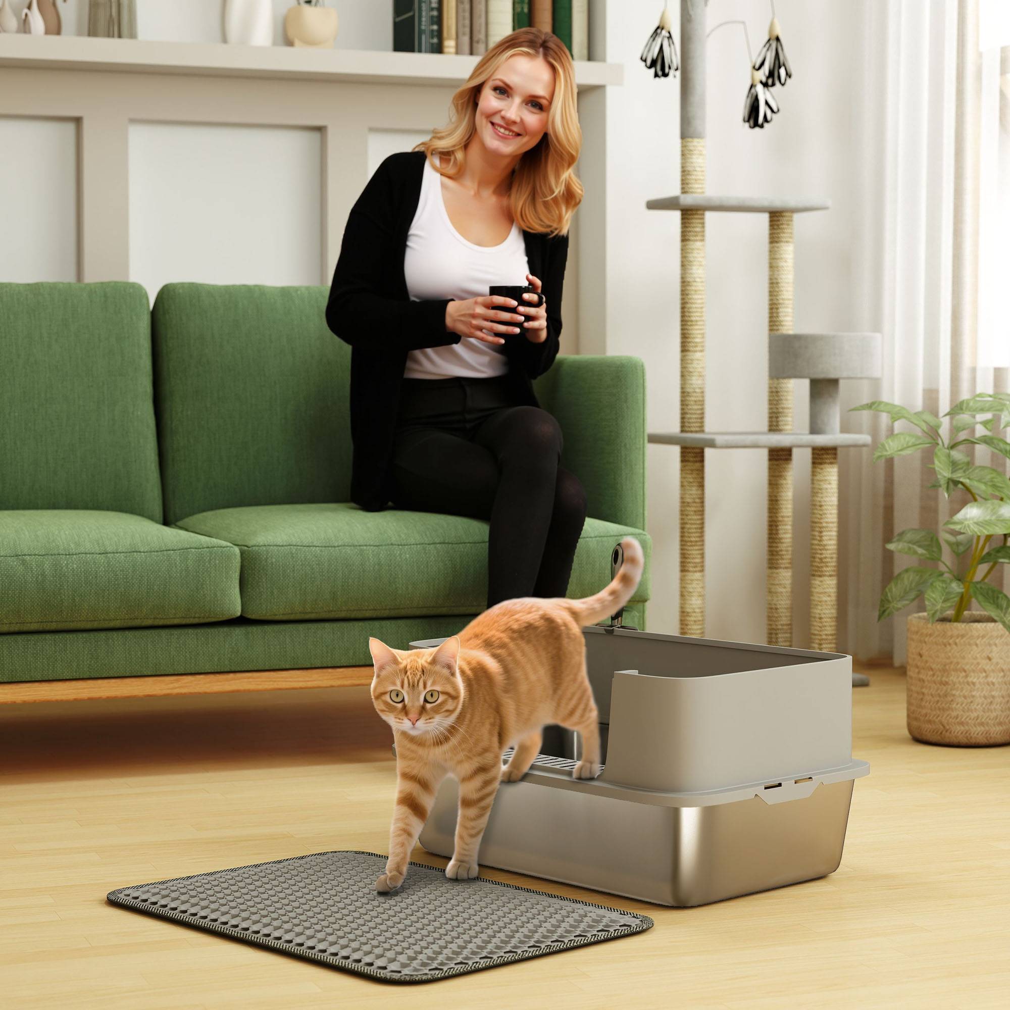 Sans Marque - Litière inox ouverte, pelle, bord haut, tapis, pour chat -7kg, 60,2x40,2x29,5cm, Gris - Image 4