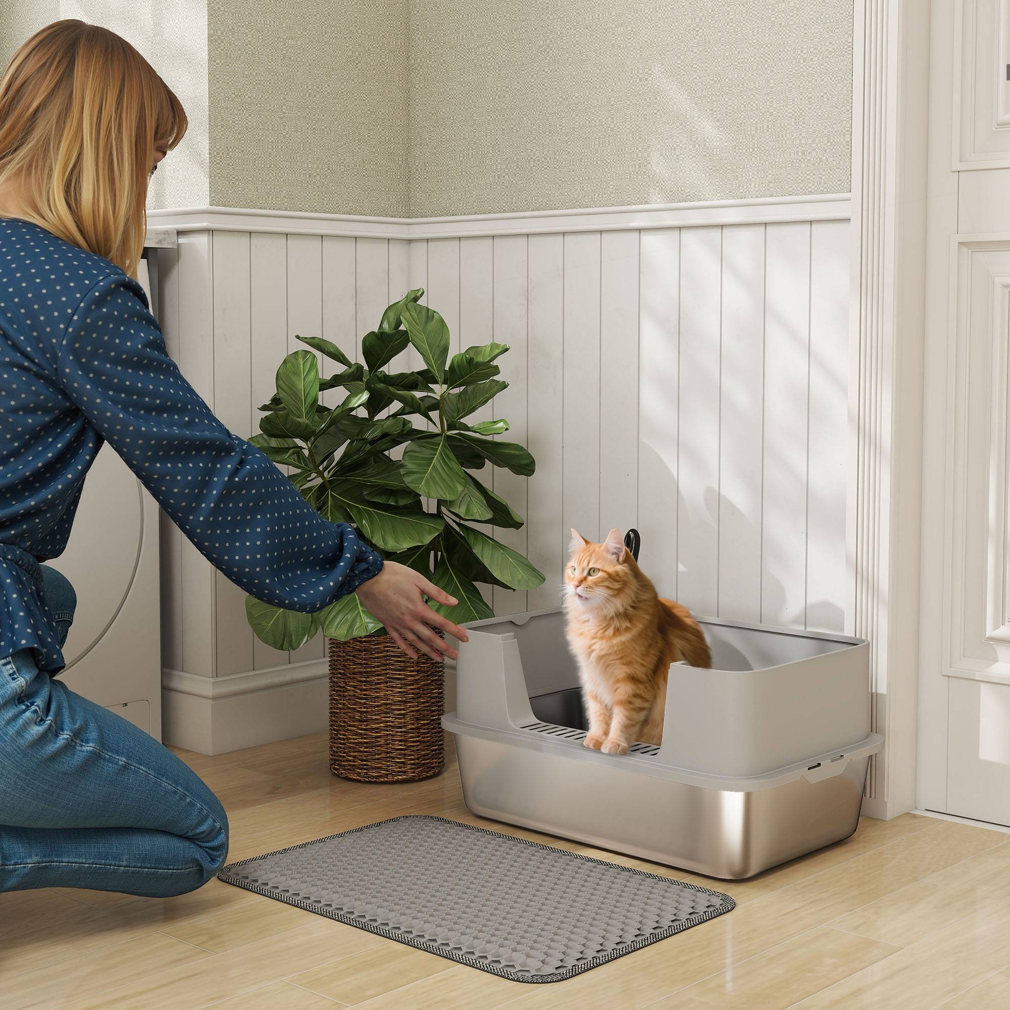 Sans Marque - Litière inox ouverte, pelle, bord haut, tapis, pour chat -7kg, 60,2x40,2x29,5cm, Gris - Image 3