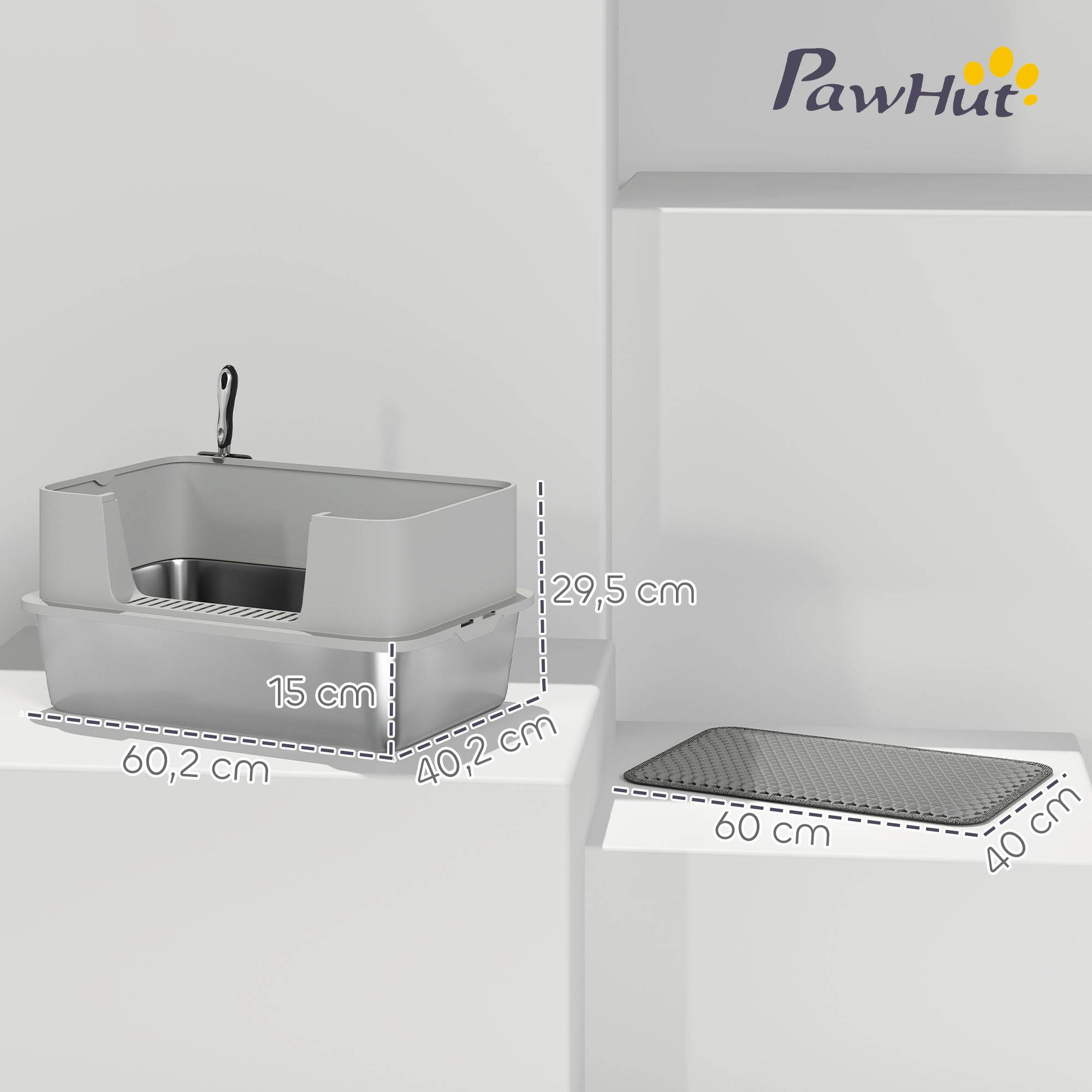 Sans Marque - Litière inox ouverte, pelle, bord haut, tapis, pour chat -7kg, 60,2x40,2x29,5cm, Gris - Image 5