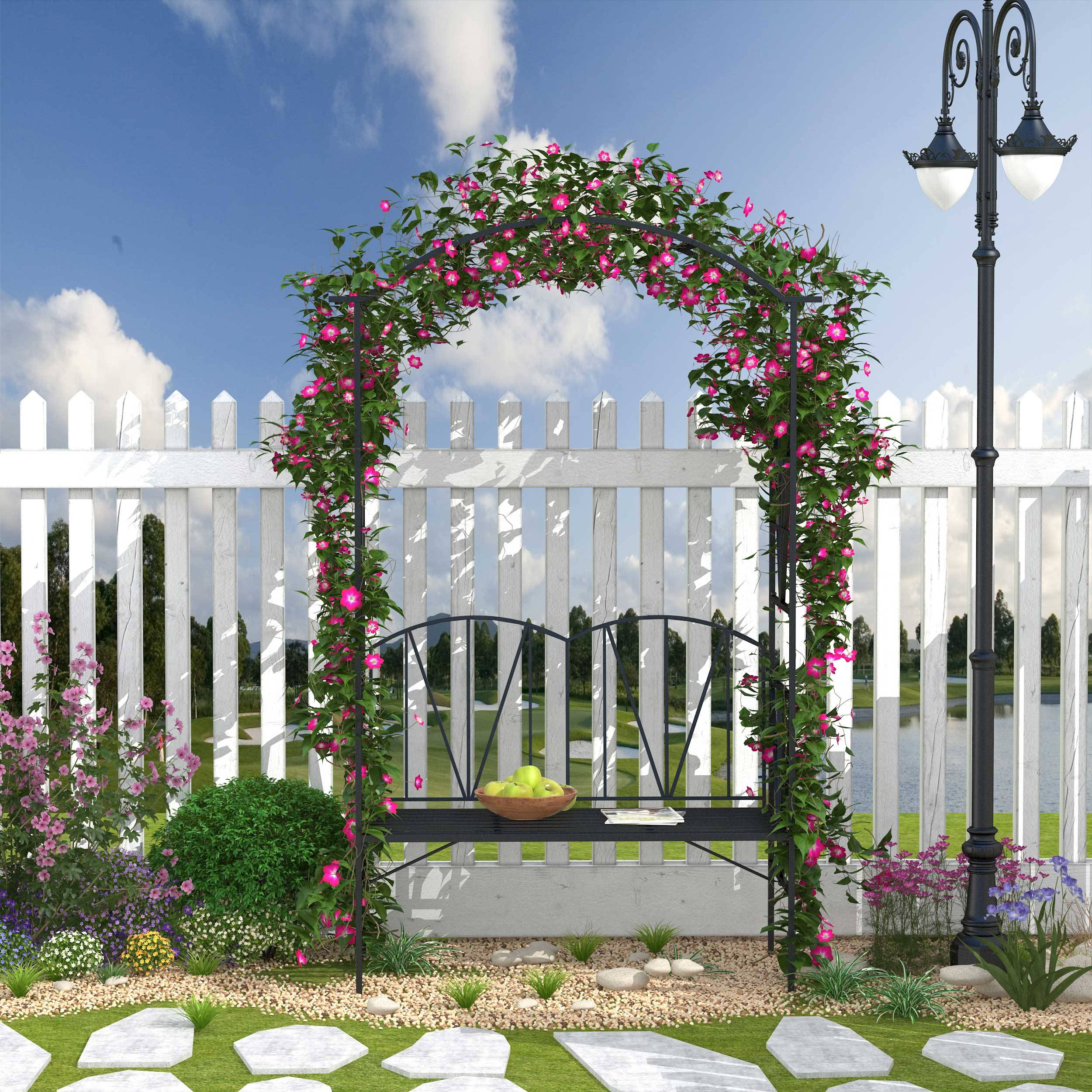 Outsunny - Arche de jardin avec banc 2 places dim. 115L x 54l x 203H cm métal thermolaqué noir - Outsunny - Image 2