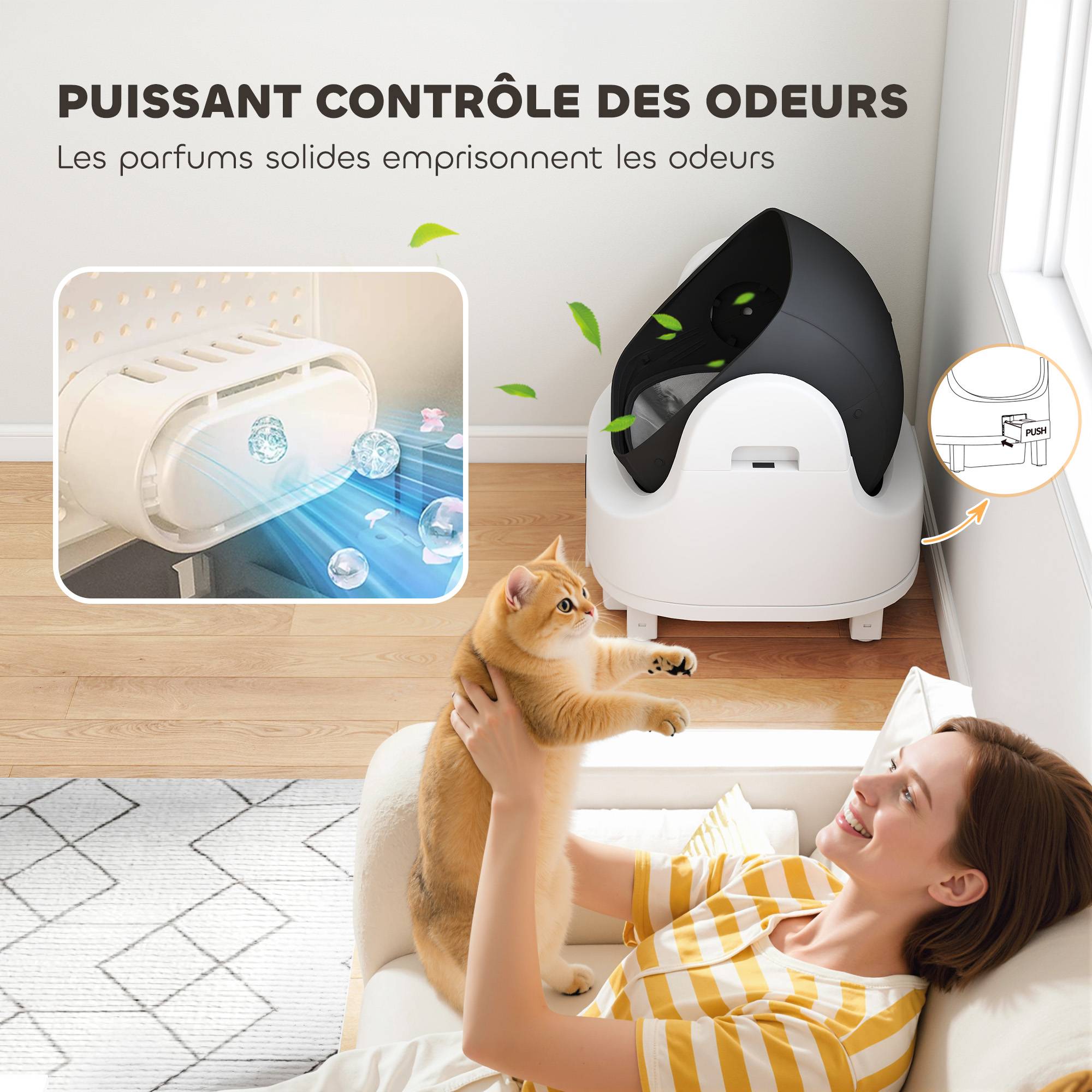 Bac à litière autonettoyant ouverture automatique anti odeurs sécurité intégrée toilette chat moderne blanche - Image 8