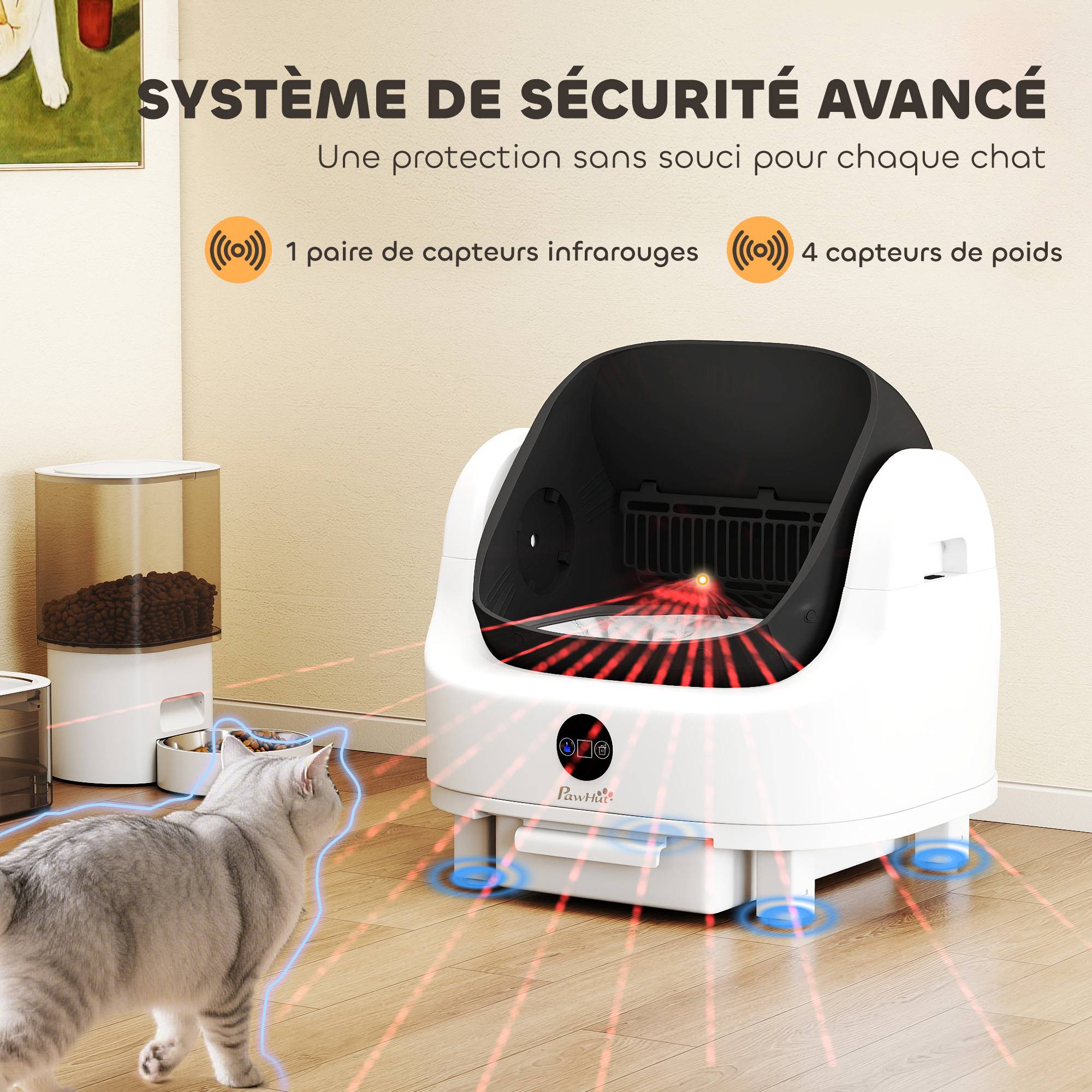 Bac à litière autonettoyant ouverture automatique anti odeurs sécurité intégrée toilette chat moderne blanche - Image 6