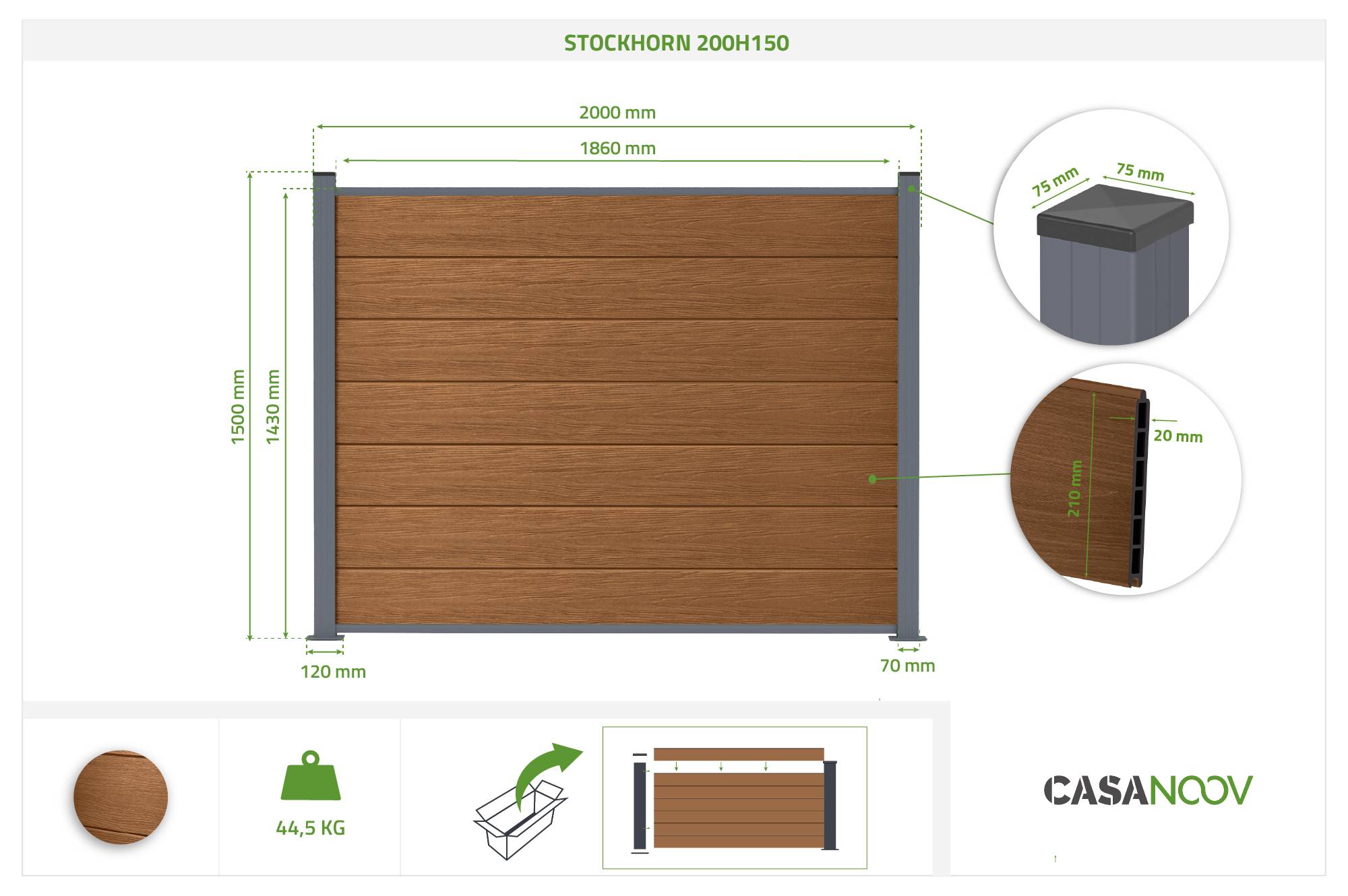 Casanoov Clôture composite Stockhorn 8 m H.150  cm sur plaque finition teck - Image 2