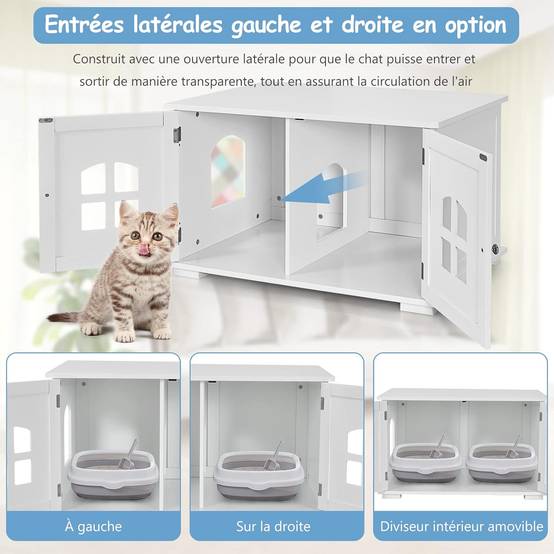 Maison de Toilette pour Chat avec Double Portes Fenêtres Entrée Blanc - Image 4