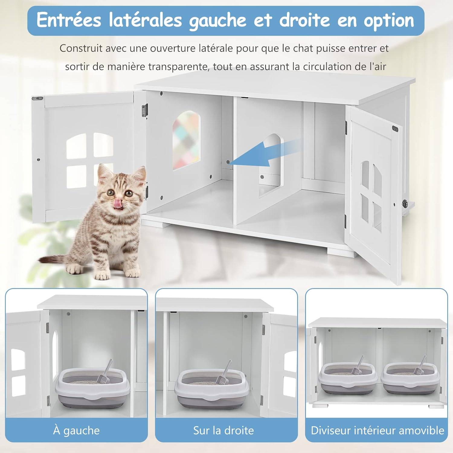 Maison de Toilette pour Chat avec Double Portes Fenêtres Entrée Blanc - Image 4