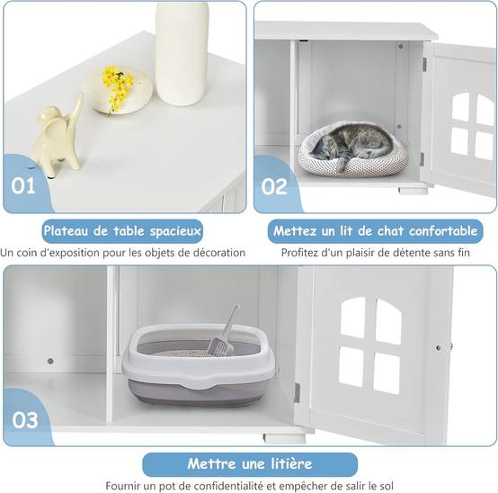 Maison de Toilette pour Chat avec Double Portes Fenêtres Entrée Blanc - Image 3