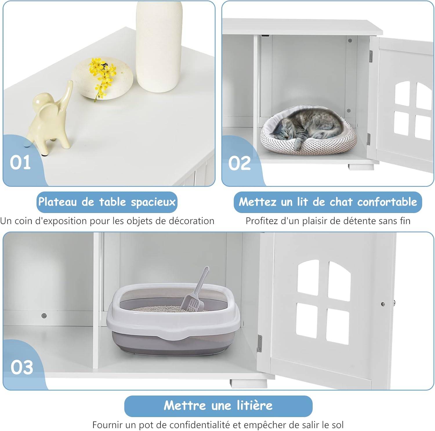 Maison de Toilette pour Chat avec Double Portes Fenêtres Entrée Blanc - Image 3