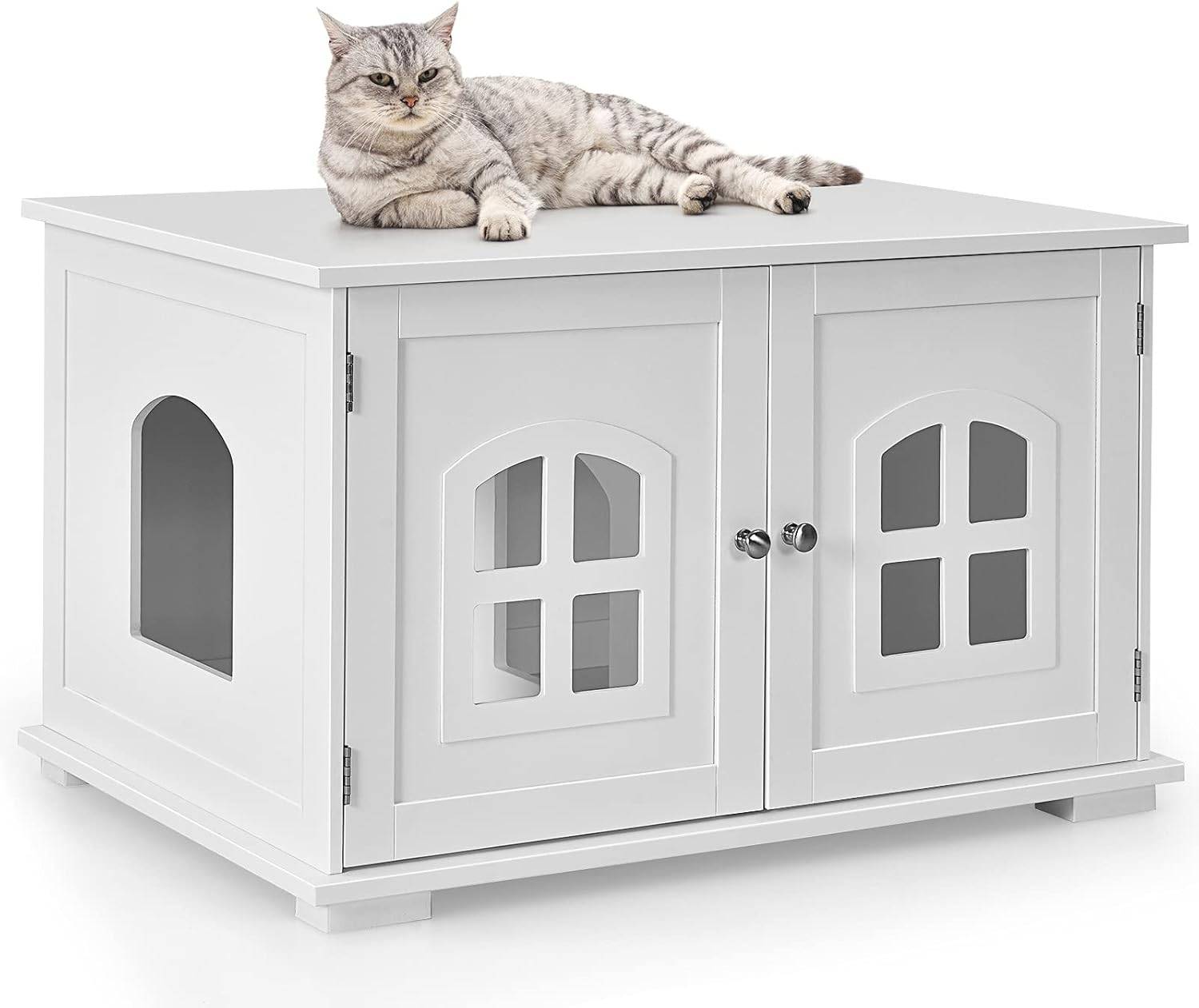 Maison de Toilette pour Chat avec Double Portes Fenêtres Entrée Blanc - Image 1