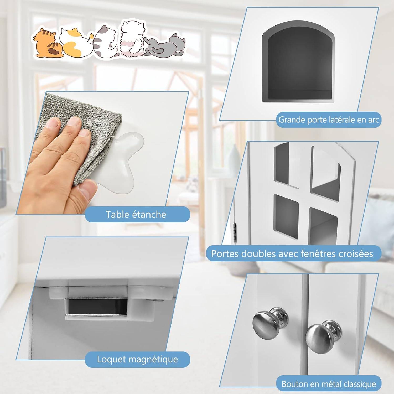 Maison de Toilette pour Chat avec Double Portes Fenêtres Entrée Blanc - Image 2