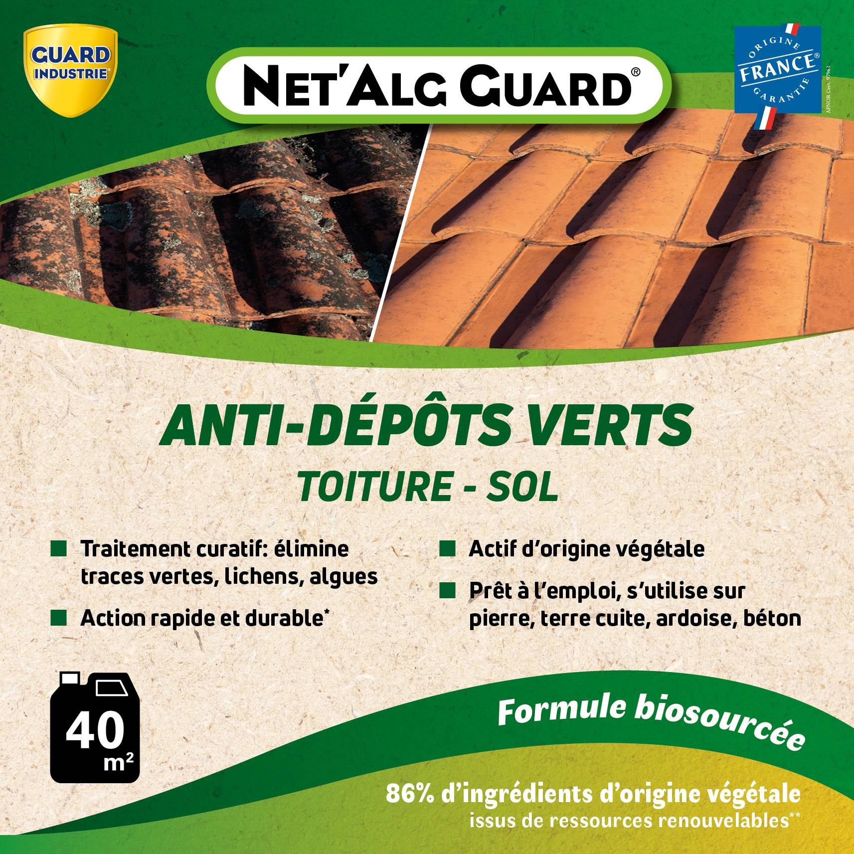 Net Alg Guard Action Visible dès 48 heures Traces Vertes Lichen Ingrédients Origine Végétale Français 40 m2 - Image 2