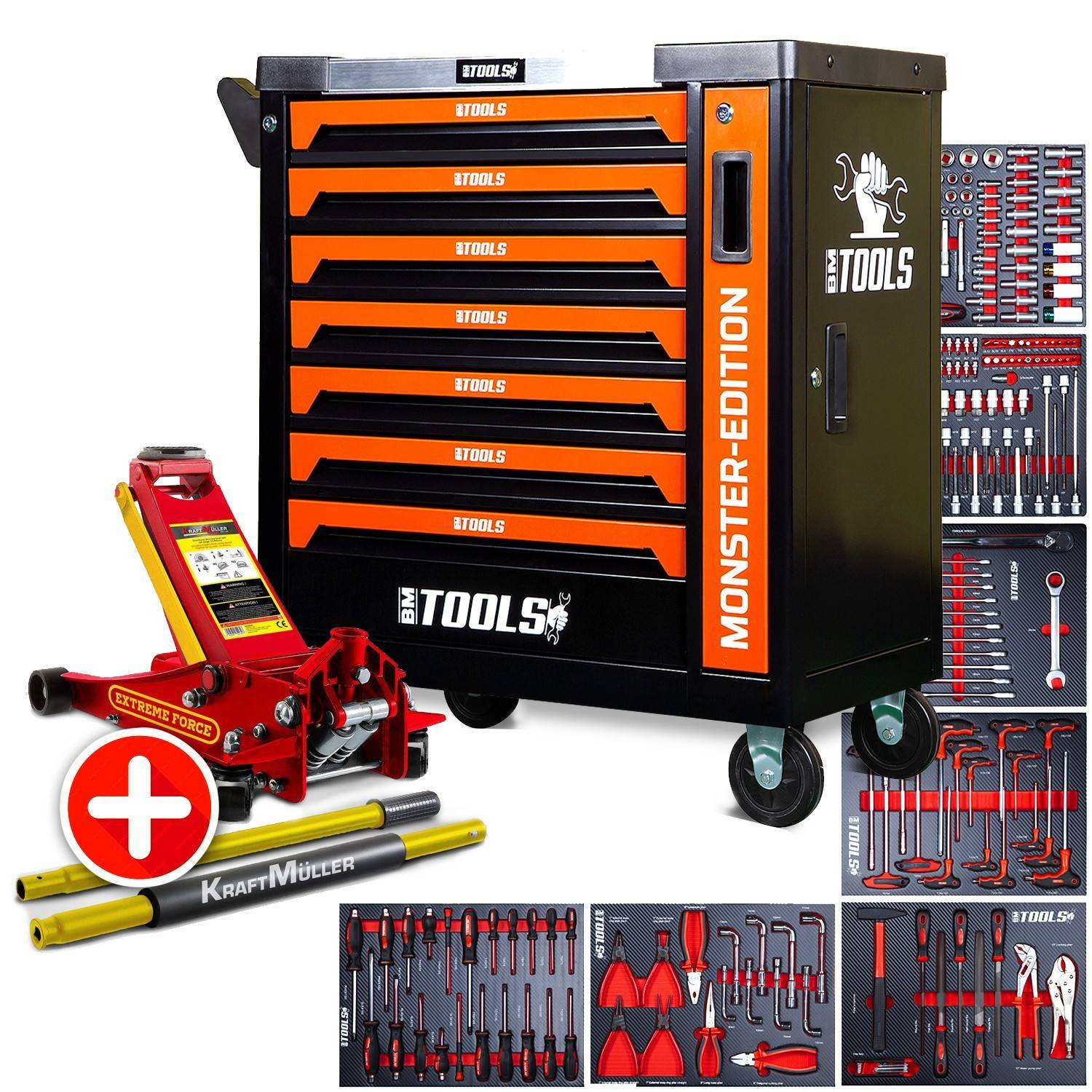 Servante d'atelier BM TOOLS 9/7 MONSTER-EDITION-ORANGE 7 tiroirs pleins 257 outils + Cric hydraulique Kraft Muller 2,25T ROUGE - Image 1