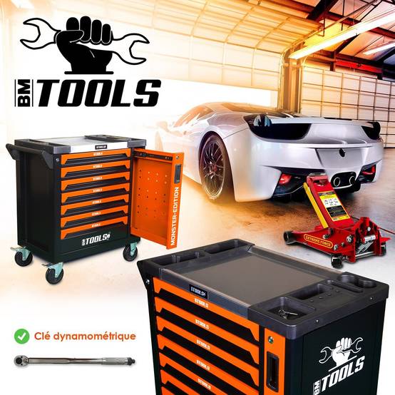 Servante d'atelier BM TOOLS 9/7 MONSTER-EDITION-ORANGE 7 tiroirs pleins 257 outils + Cric hydraulique Kraft Muller 2,25T ROUGE - Image 3
