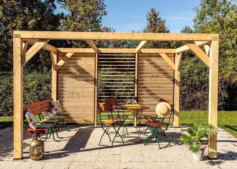 Habrita - Auvent VENETO bois + ventelles mur - 10,57 m2 - dimensions 3,39 m x 3,12 m Habrita