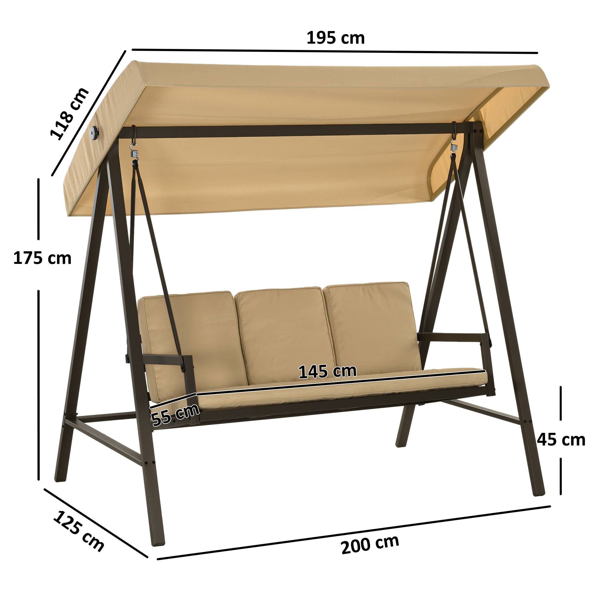 Balancelle de jardin 3 places acier extérieur toit réglable maille 200x125cm beige - ComfortXL Outdoor Living - Image 5