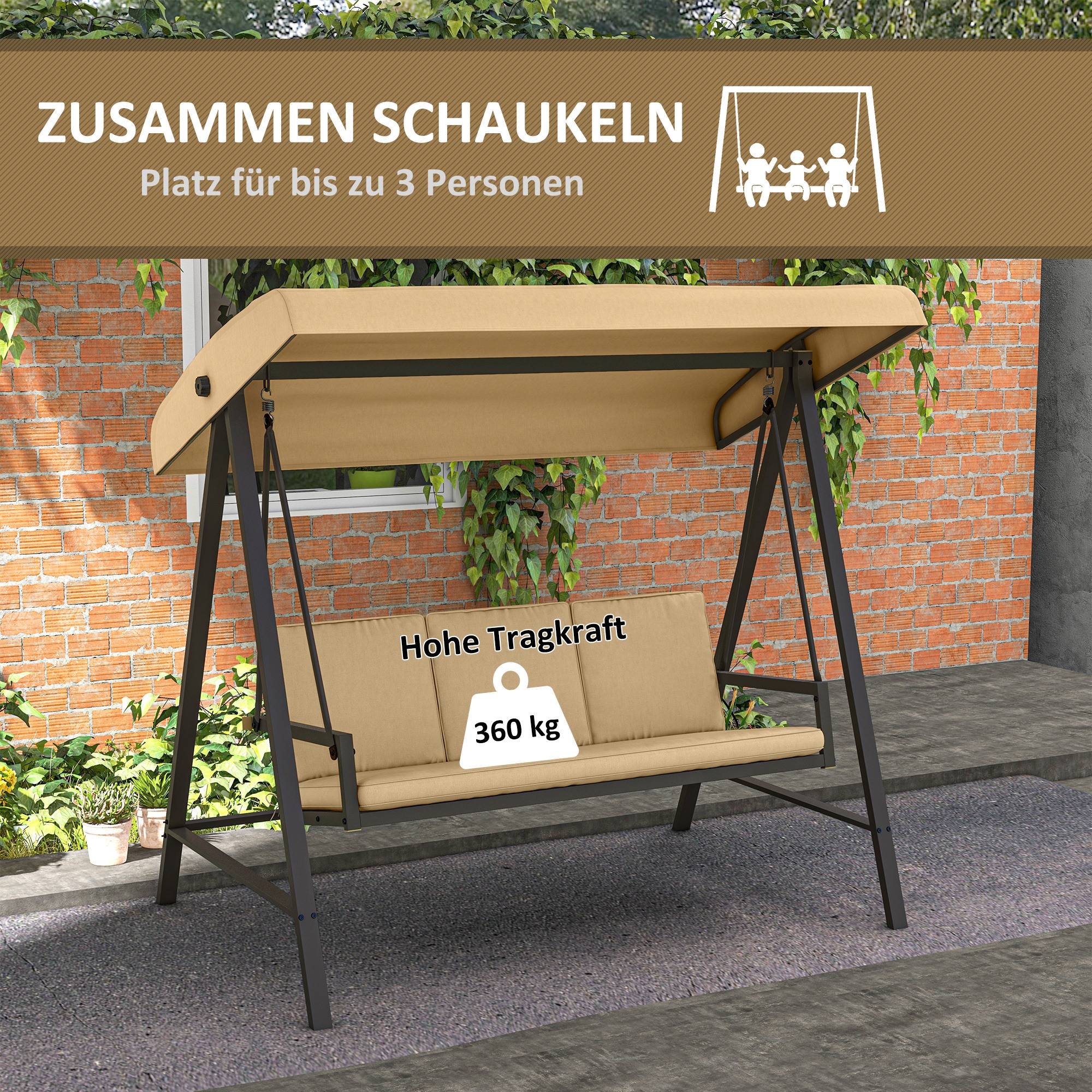 Balancelle de jardin 3 places acier extérieur toit réglable maille 200x125cm beige - ComfortXL Outdoor Living - Image 9
