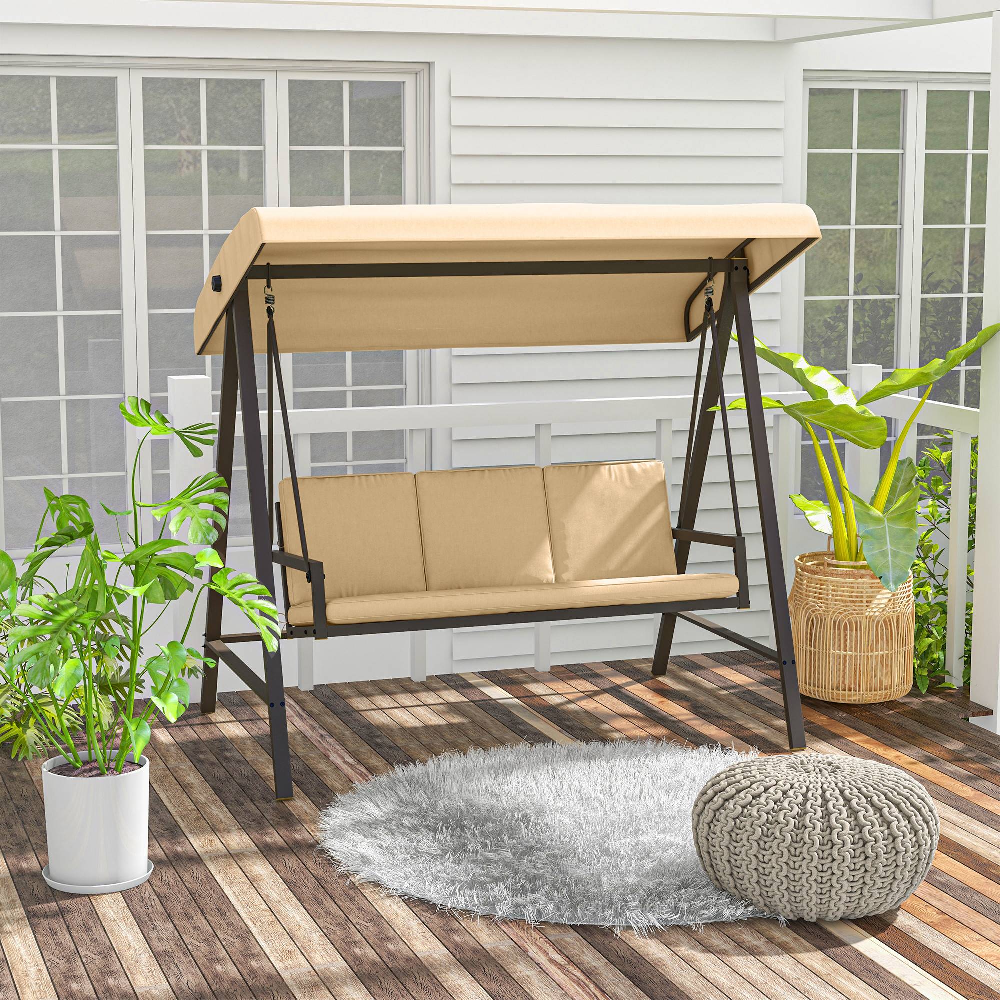 Balancelle de jardin 3 places acier extérieur toit réglable maille 200x125cm beige - ComfortXL Outdoor Living - Image 3