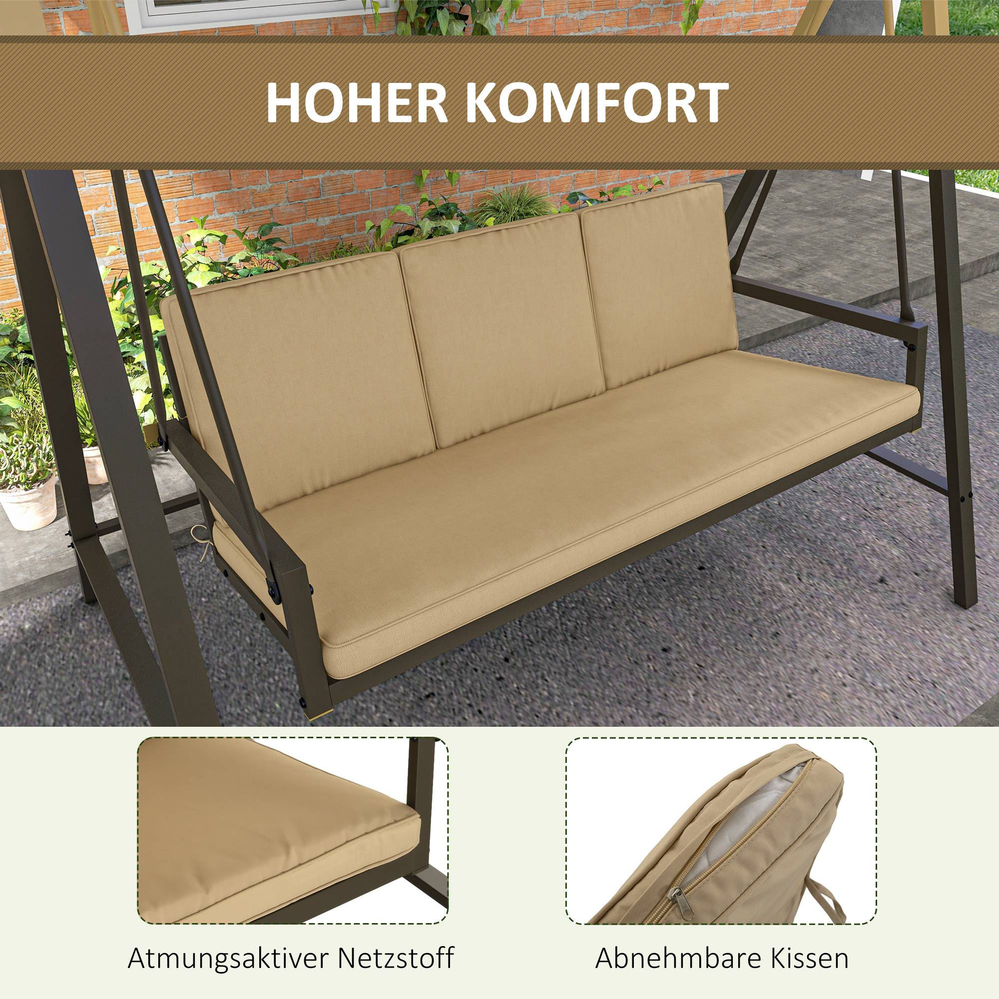 Balancelle de jardin 3 places acier extérieur toit réglable maille 200x125cm beige - ComfortXL Outdoor Living - Image 7