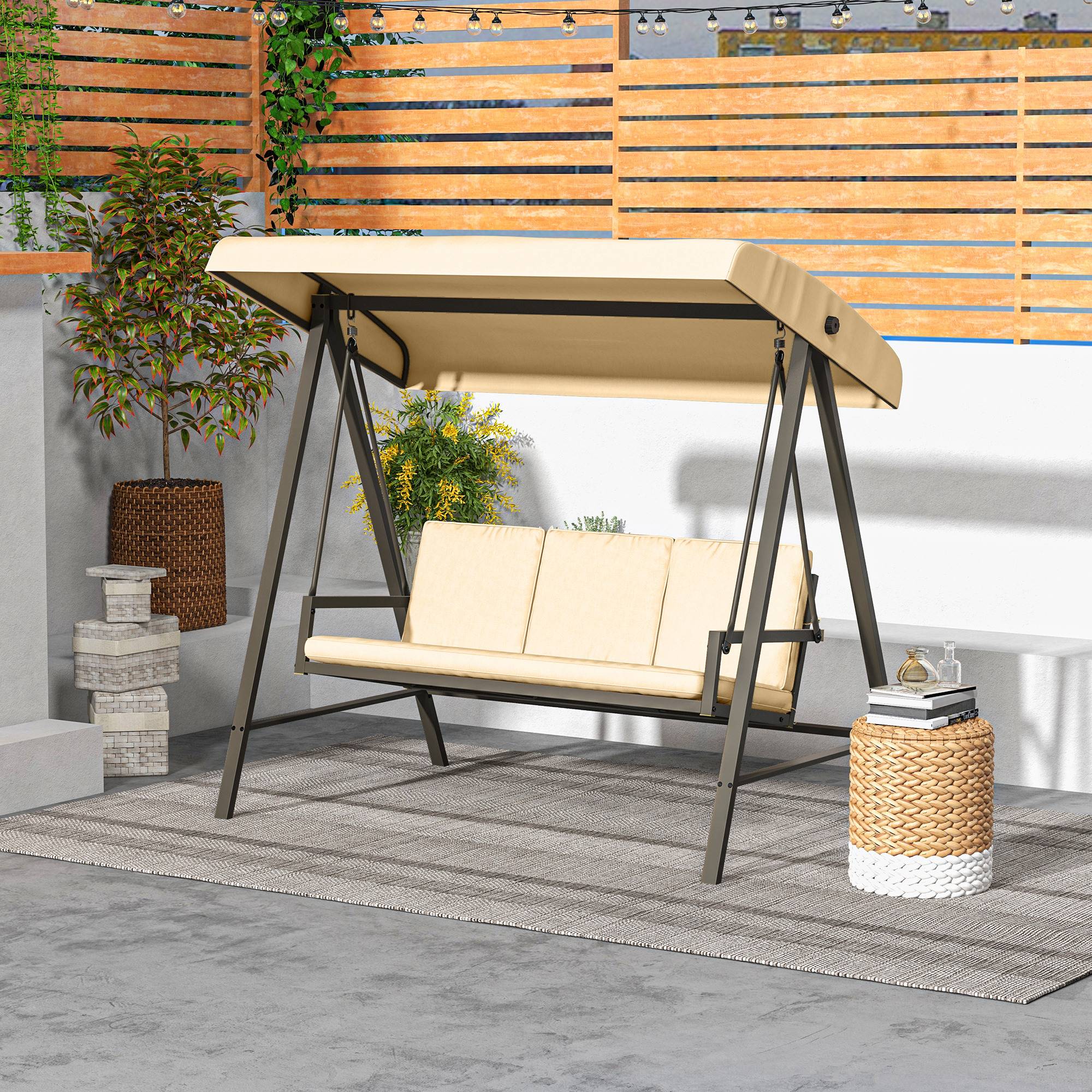 Balancelle de jardin 3 places acier extérieur toit réglable maille 200x125cm beige - ComfortXL Outdoor Living - Image 4