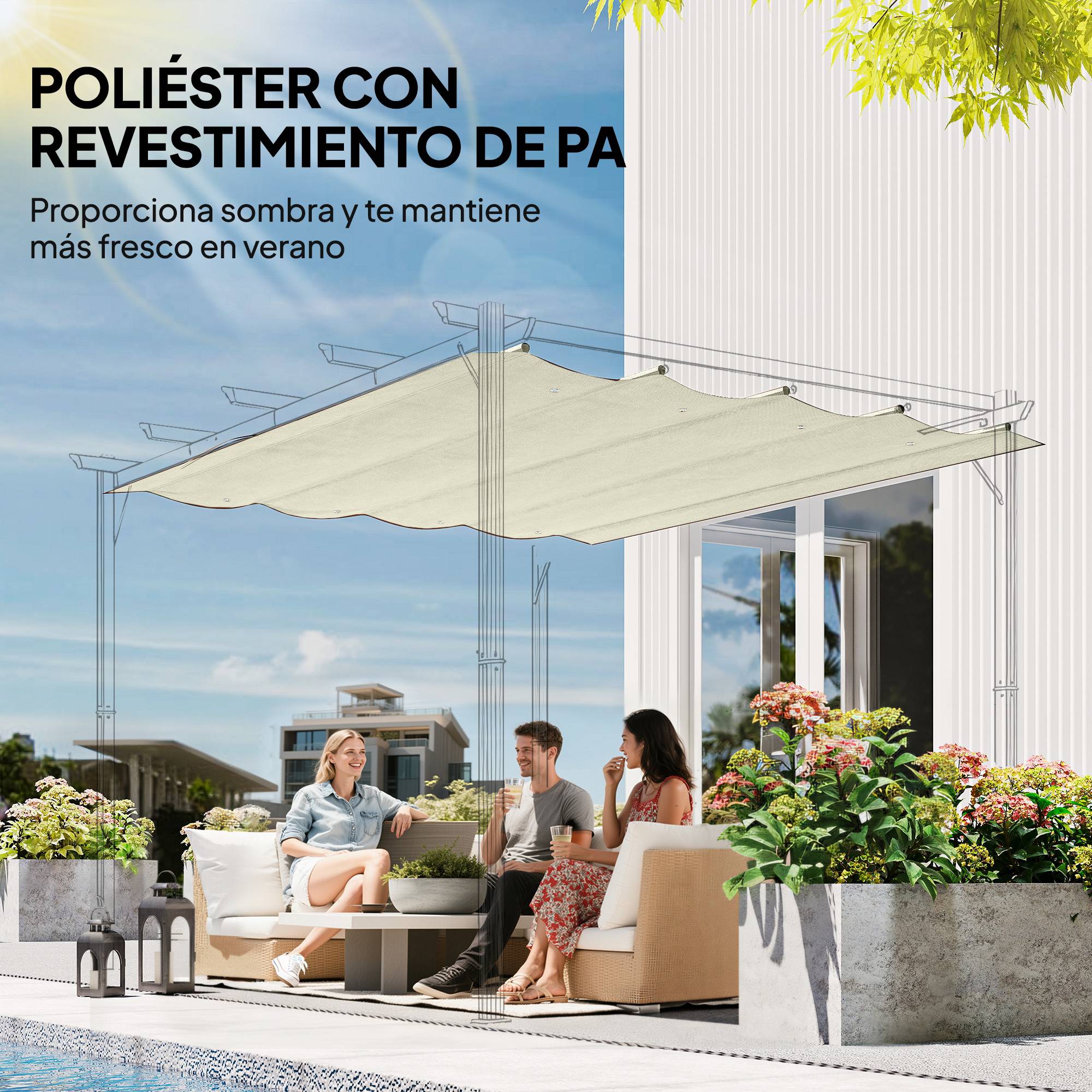 Toile de Rechange Rétractable Polyester pour Tonnelle 2,85x2m Anti-UV 286x245 cm Crème - ComfortXL Outdoor Living - Image 7