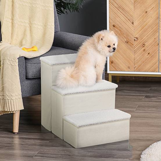 Escalier chien 3 marches 48 cm haut, petits/anciens animaux, pliable, rampe, lit, canapé, blanc - Image 3