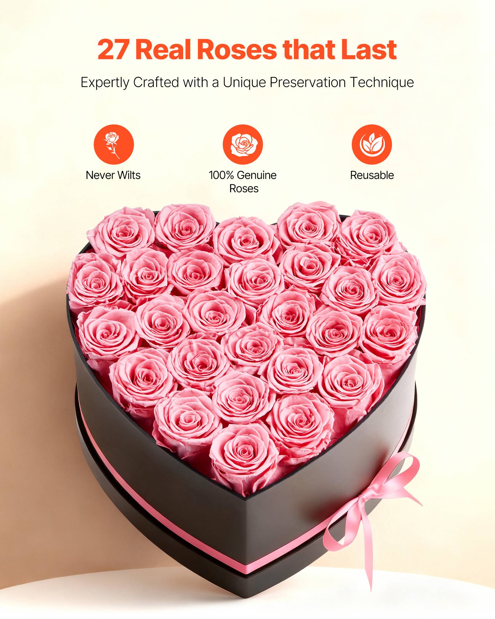 VEVOR Rose Éternelle Fleurs Éternelles Préservées Lot de 27 Boîte en Cœur Rose - Image 2