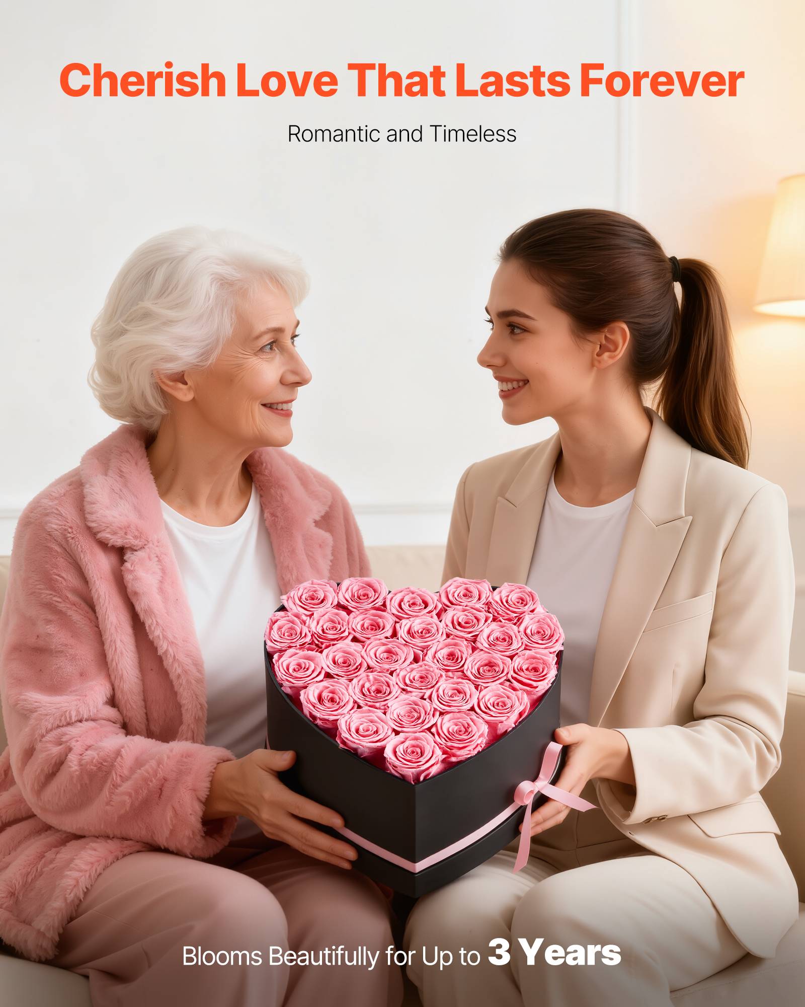 VEVOR Rose Éternelle Fleurs Éternelles Préservées Lot de 27 Boîte en Cœur Rose - Image 3