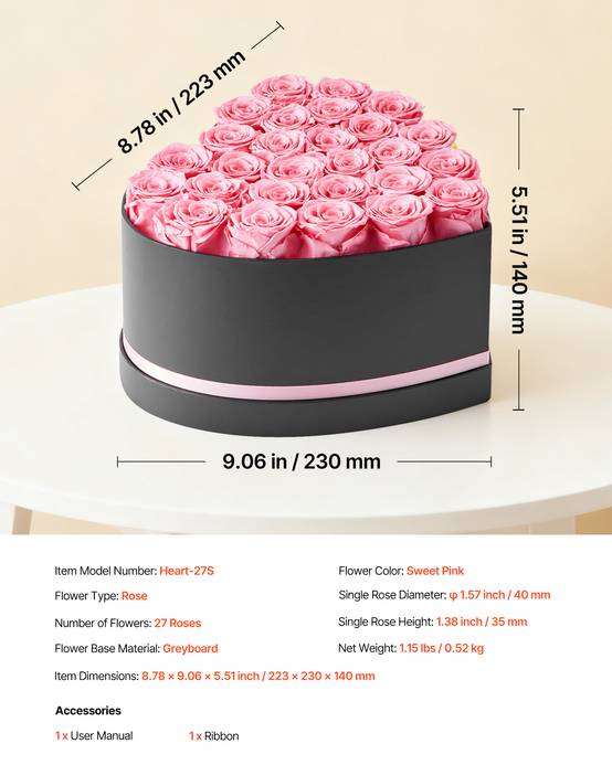 VEVOR Rose Éternelle Fleurs Éternelles Préservées Lot de 27 Boîte en Cœur Rose - Image 7