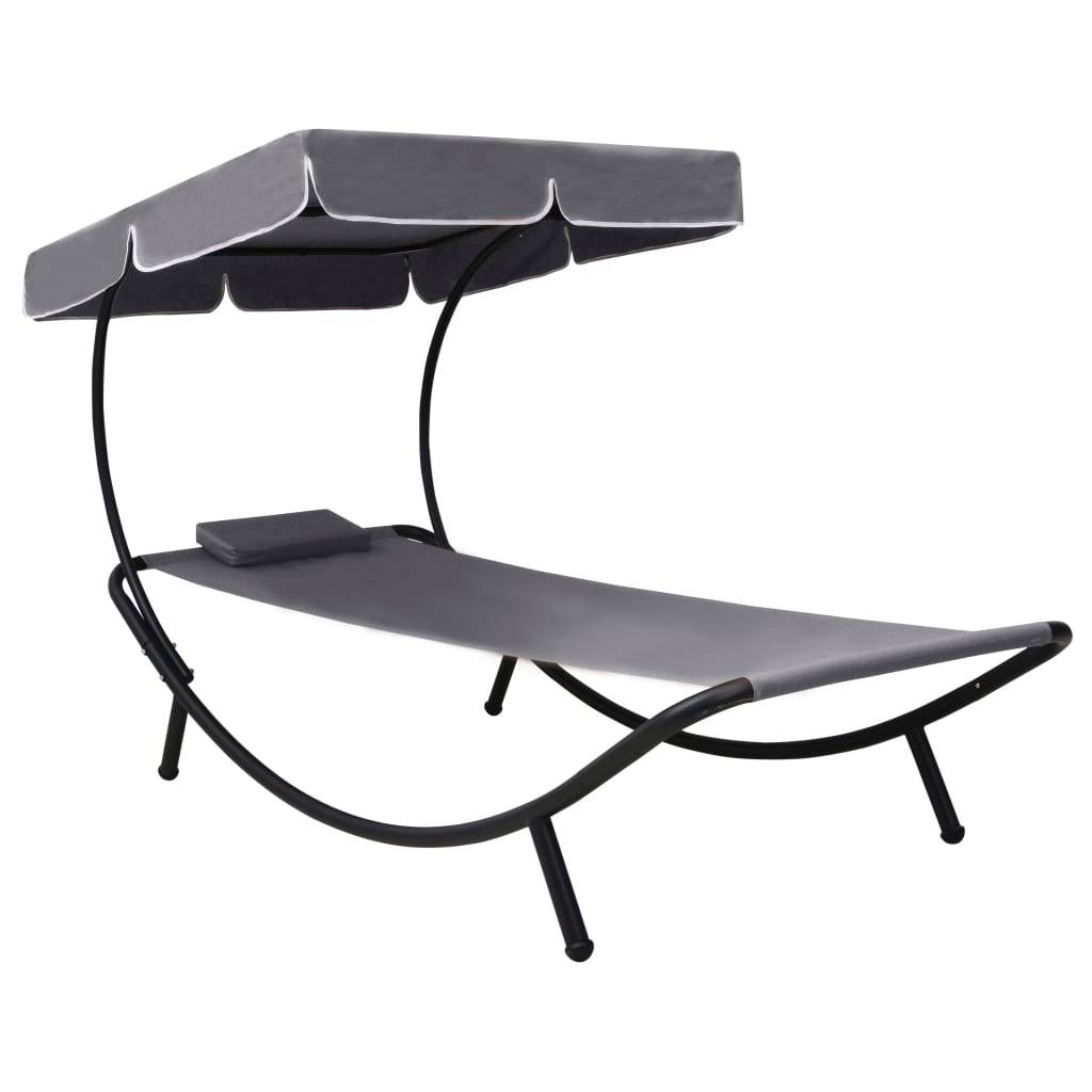 Helloshop26 - Lit de repos transat chaise longue d'extérieur 200 cm avec auvent et oreiller gris - Image 1